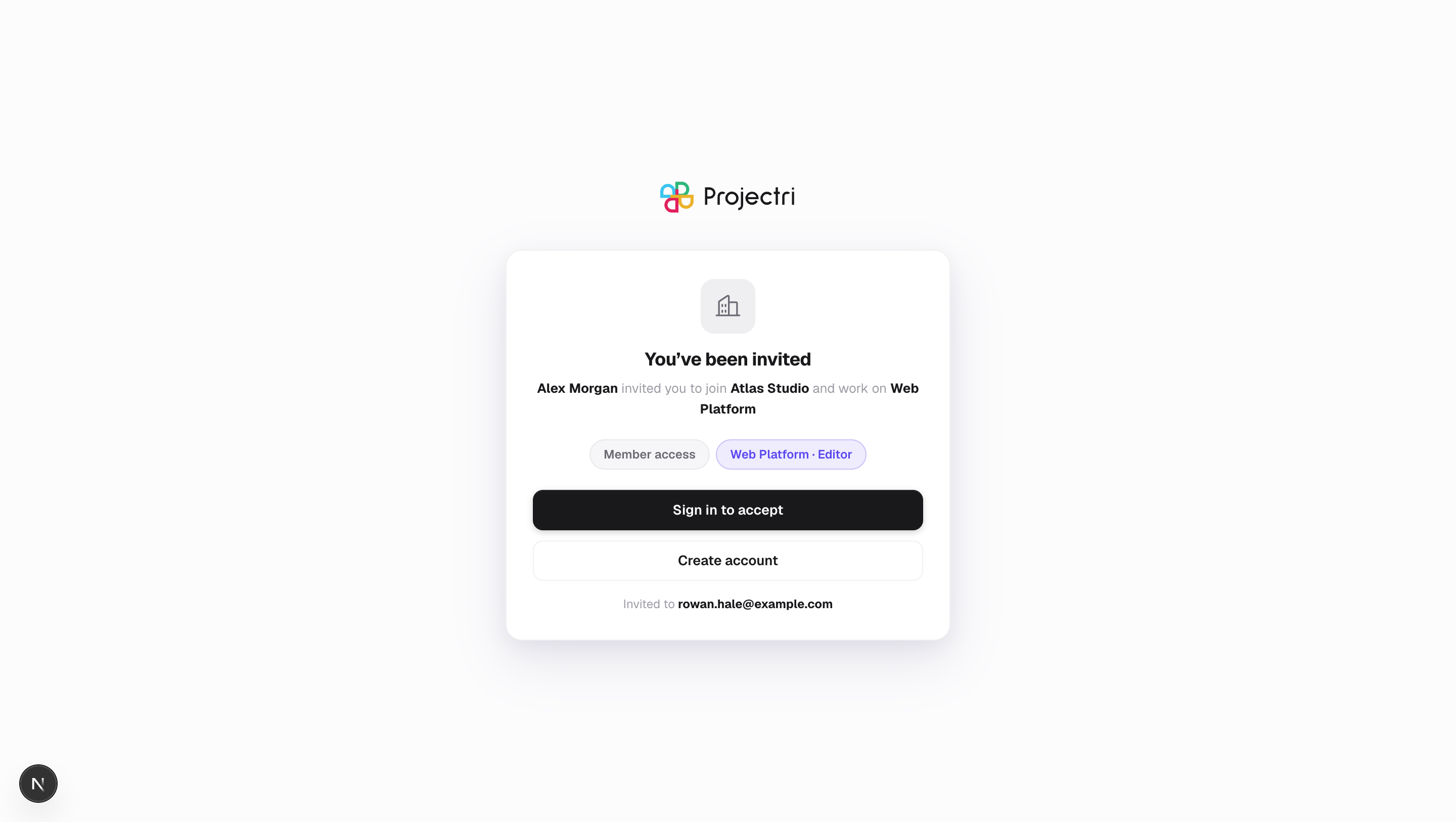 A screenshot of Accepting an invitation in Projectri