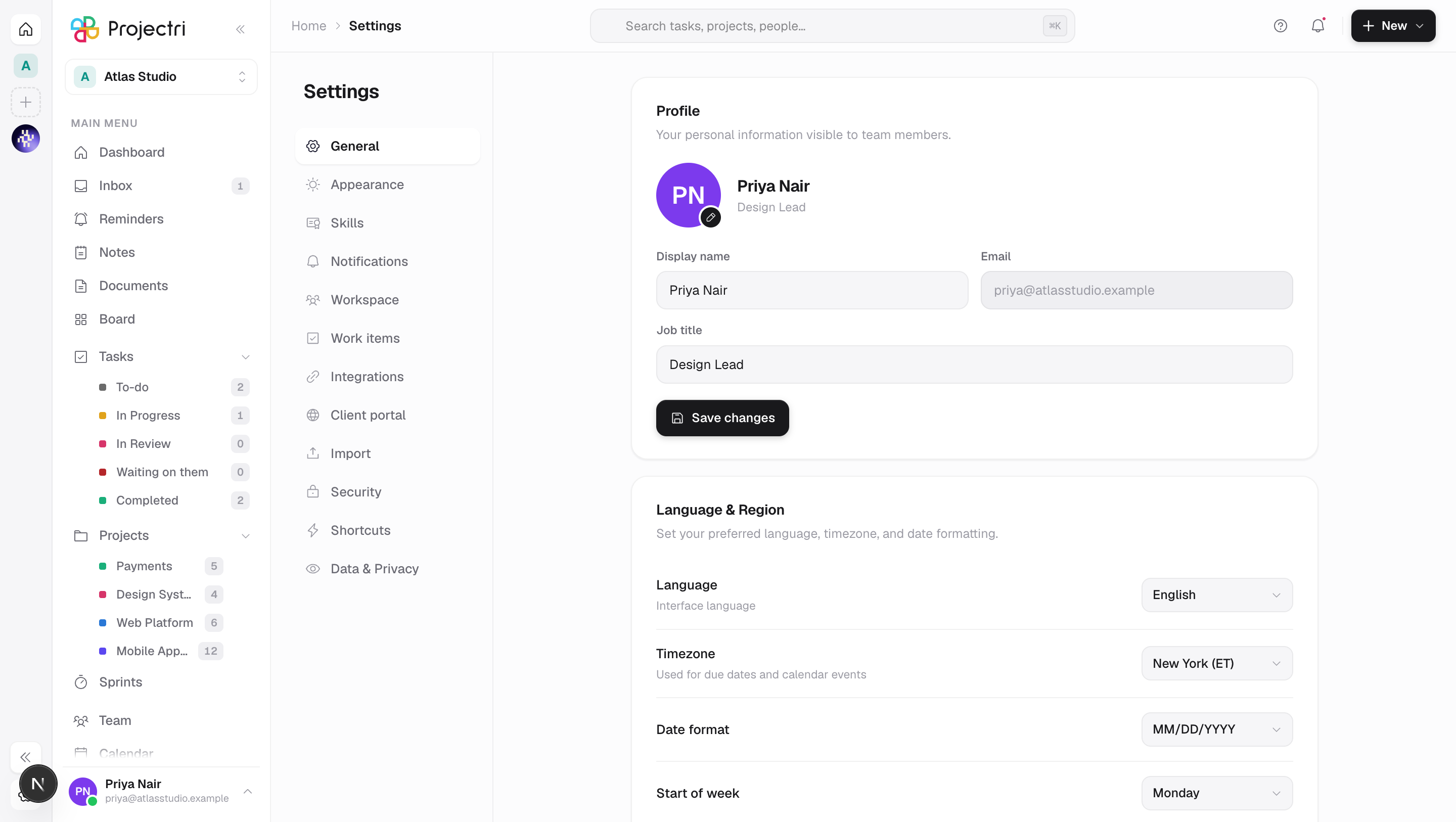 A screenshot of Your profile and preferences in Projectri