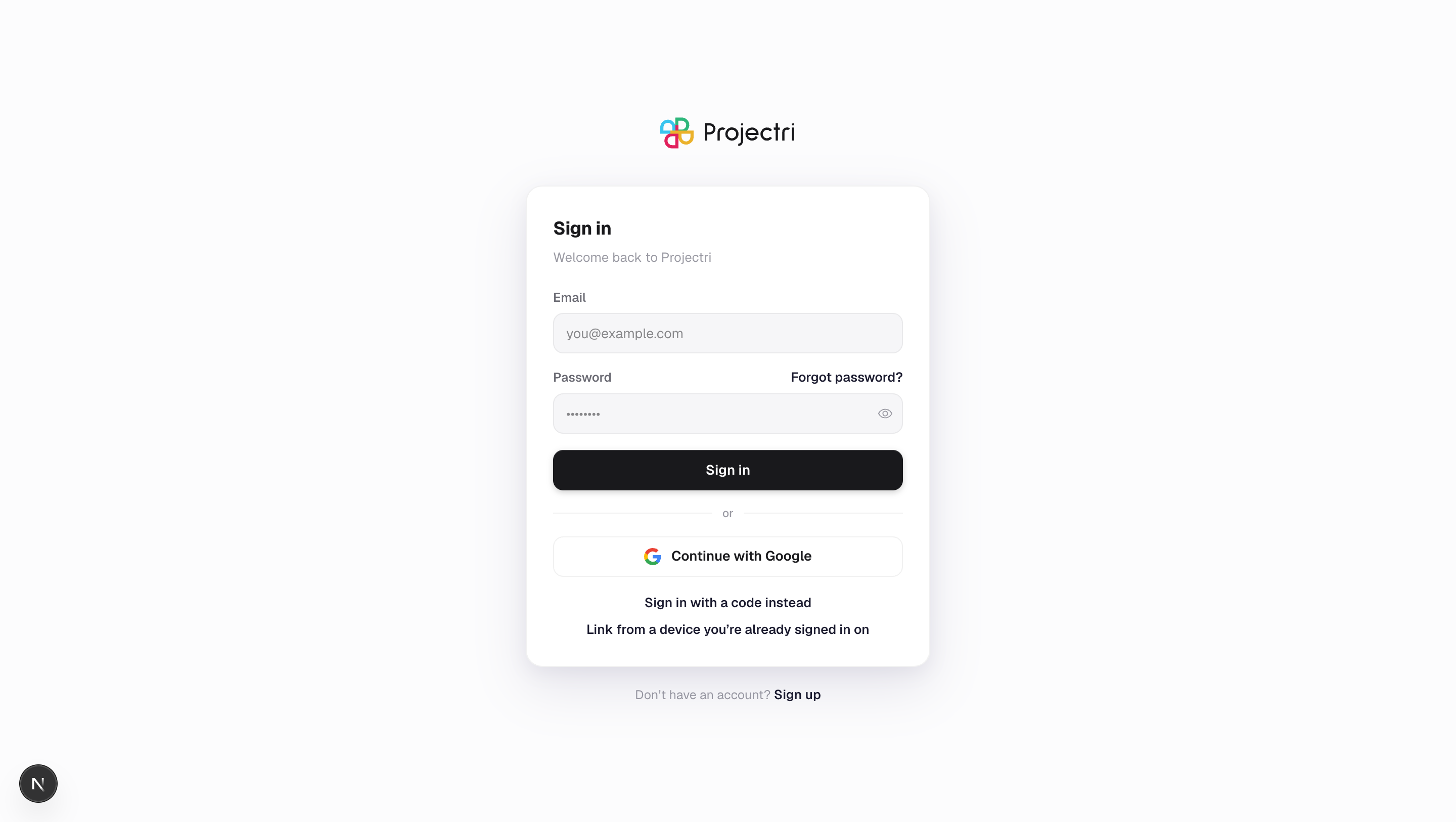 A screenshot of Signing in in Projectri
