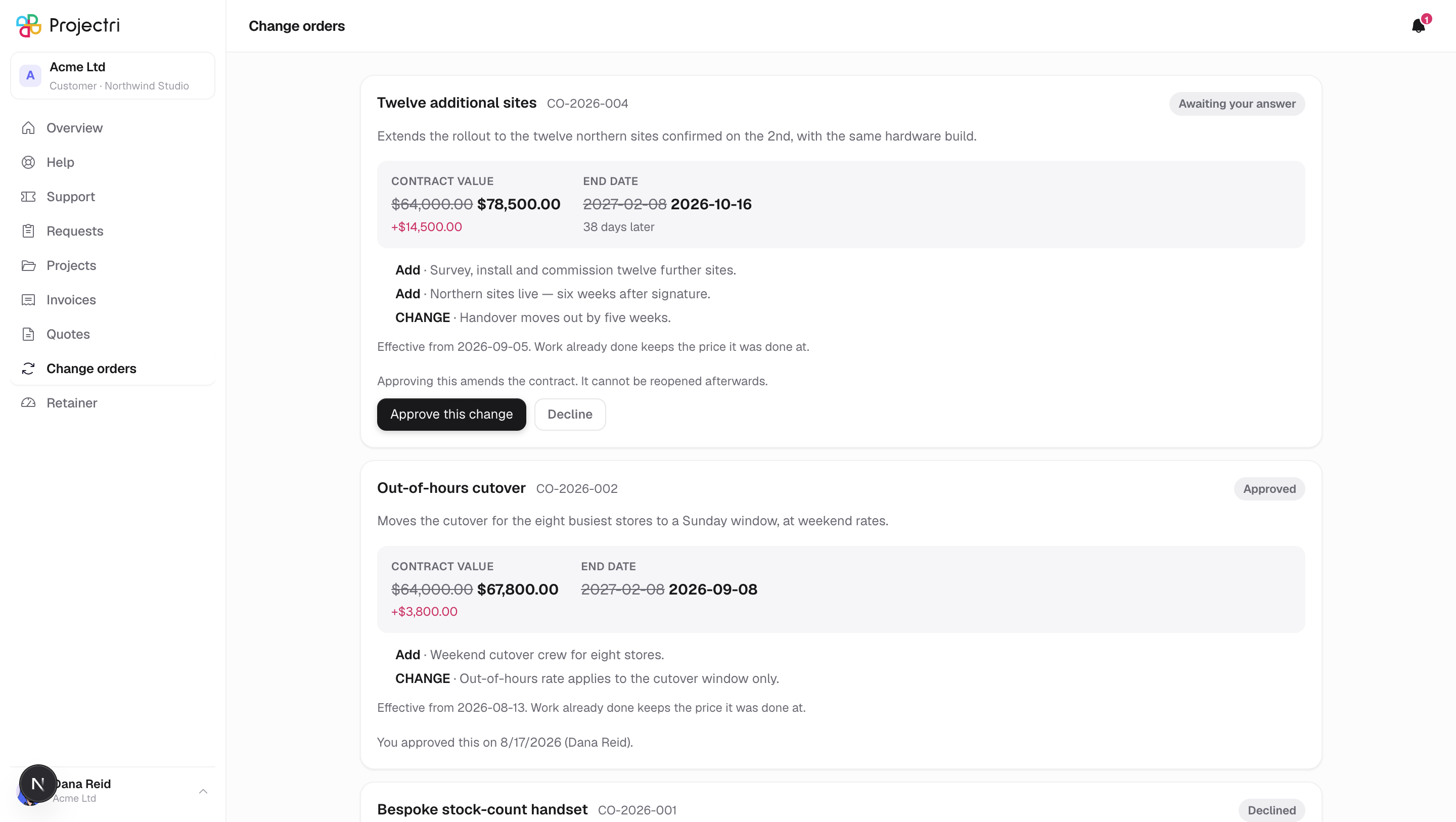 A screenshot of Change orders in Projectri