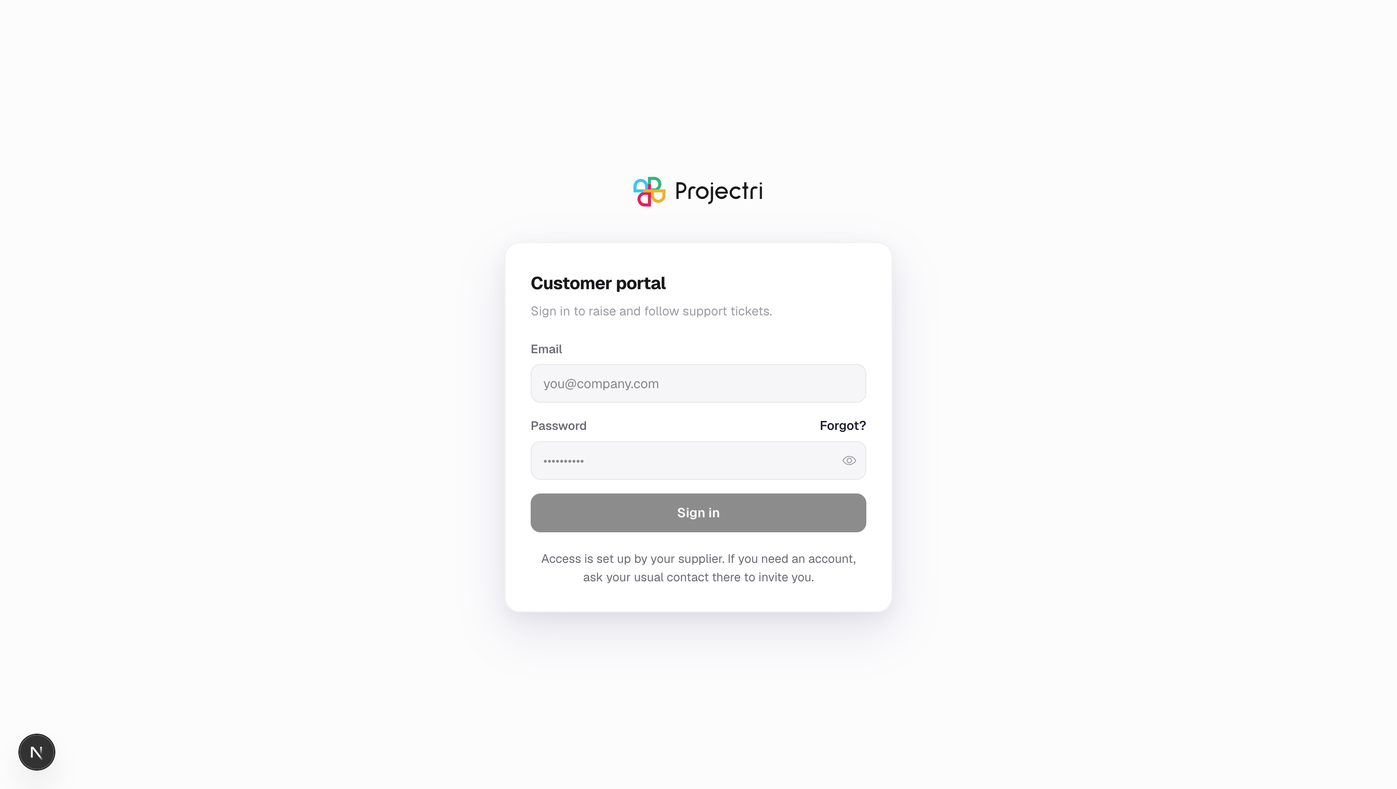A screenshot of Signing in in Projectri