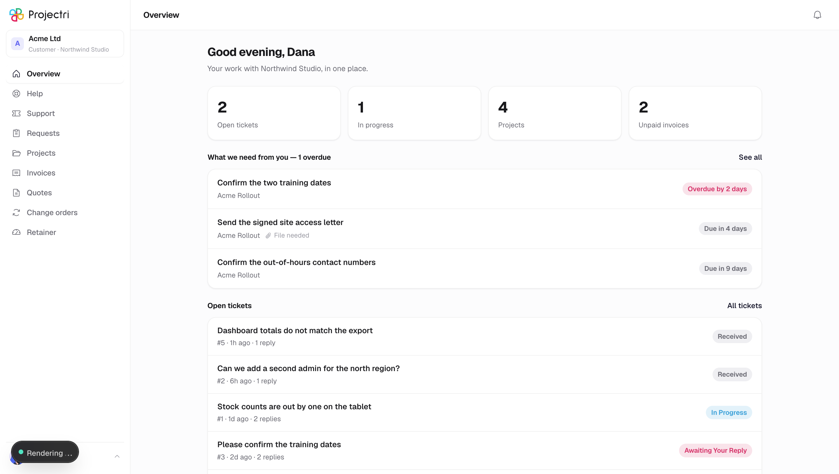 A screenshot of The client portal in Projectri
