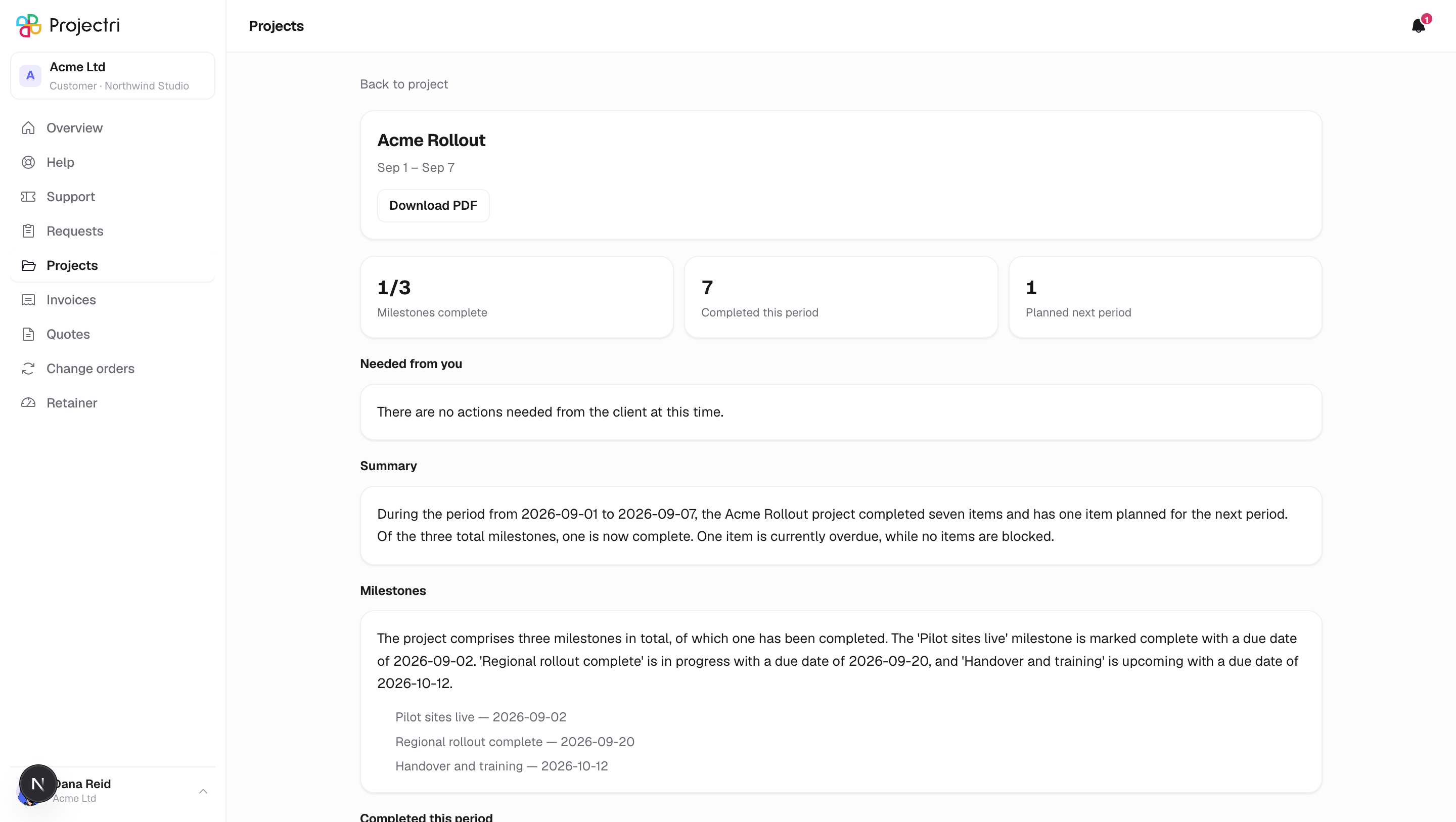 A screenshot of A status report in Projectri