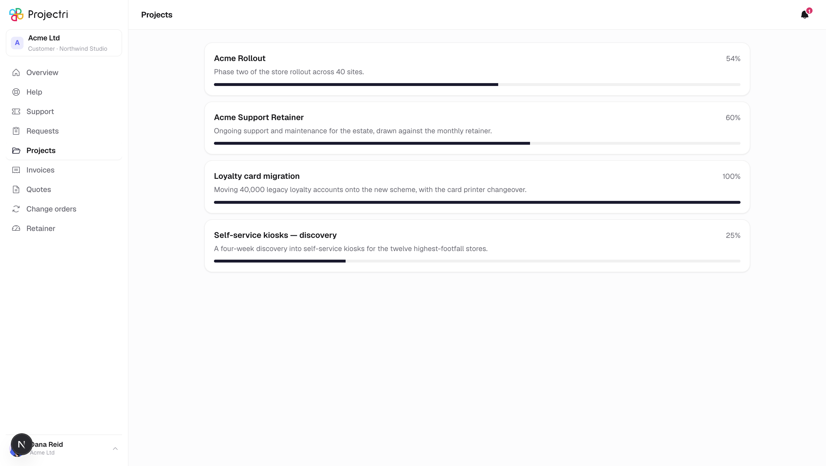 A screenshot of Projects in Projectri