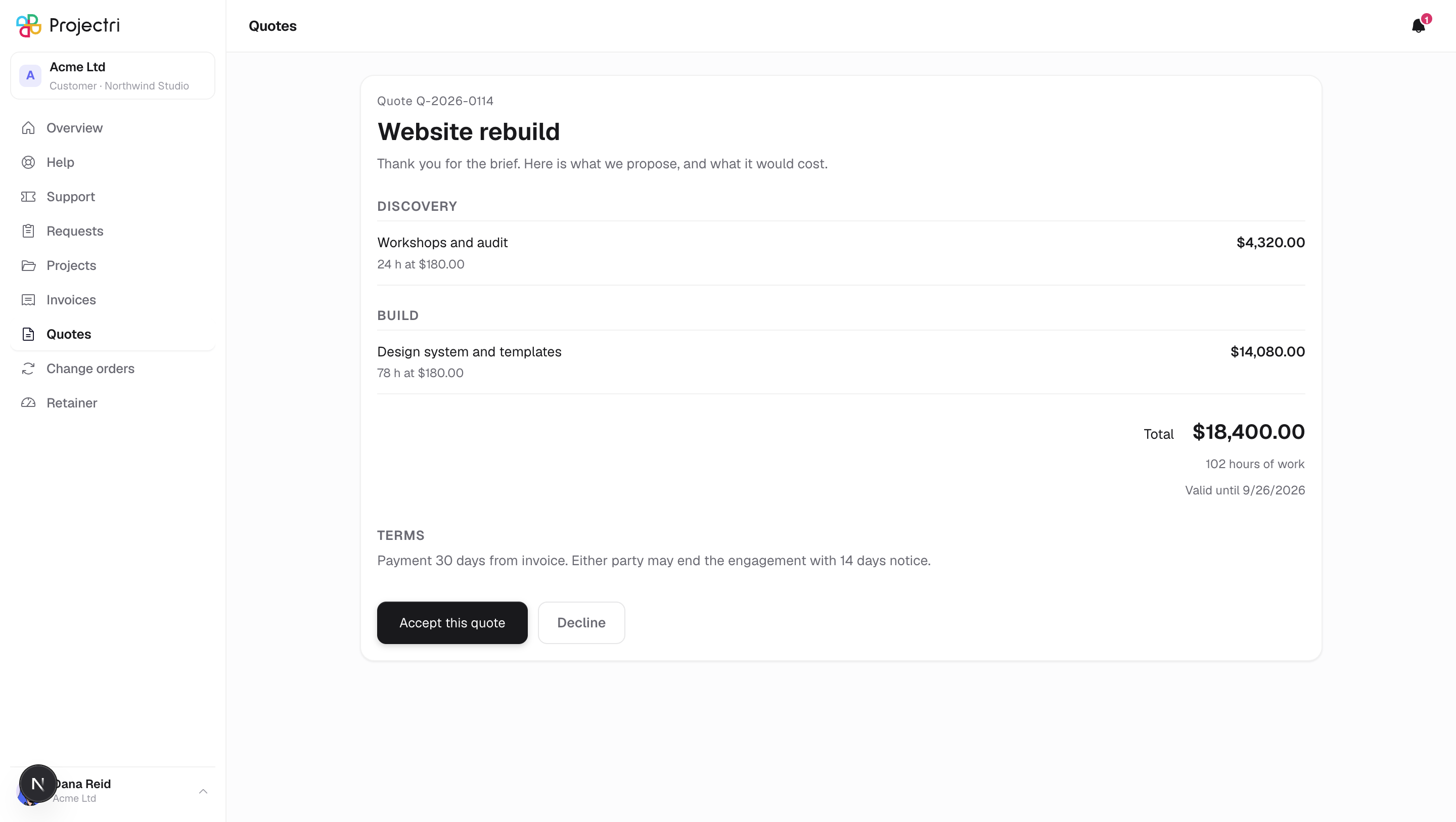 A screenshot of A quote, and signing it in Projectri