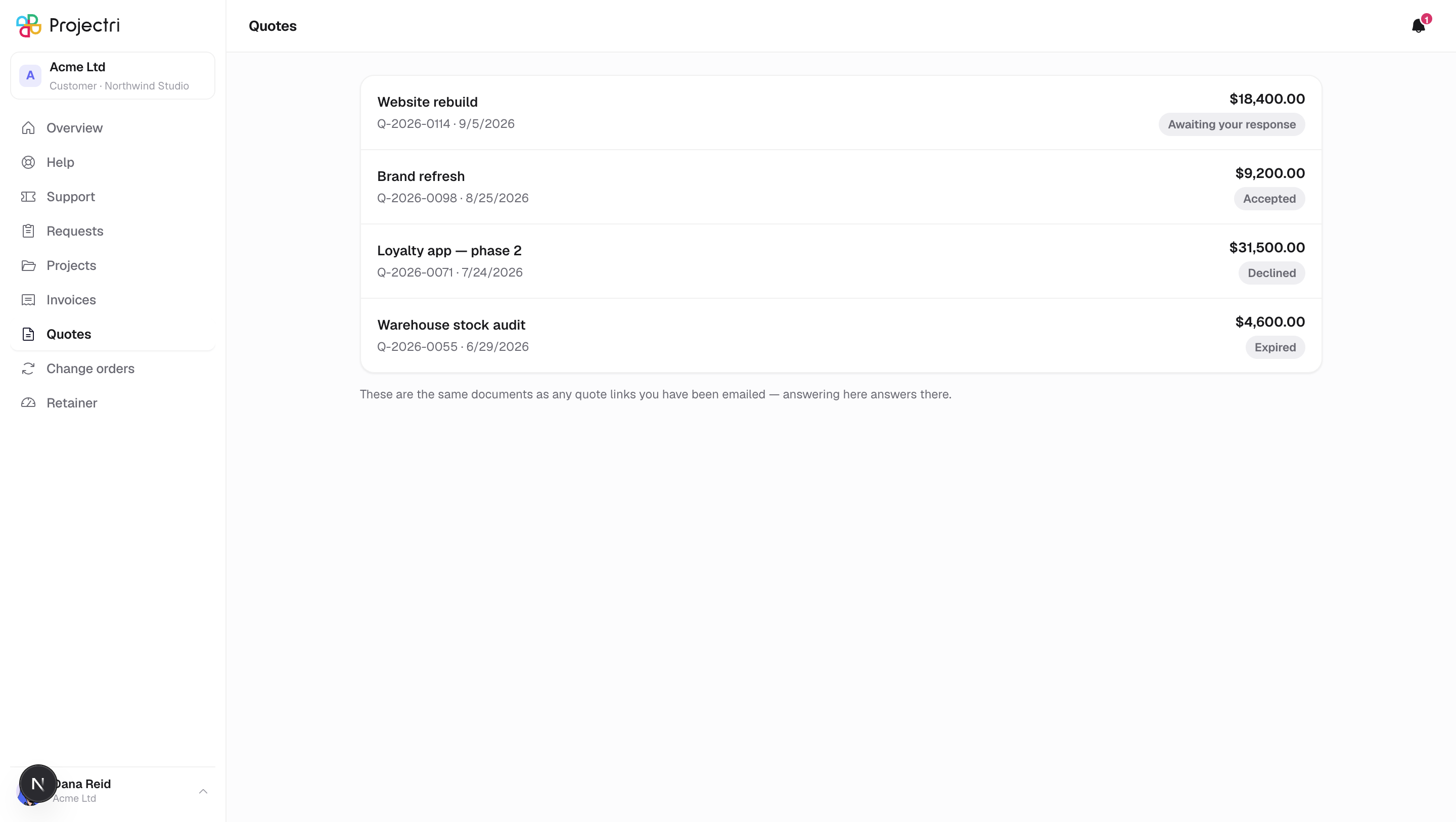 A screenshot of Quotes in Projectri