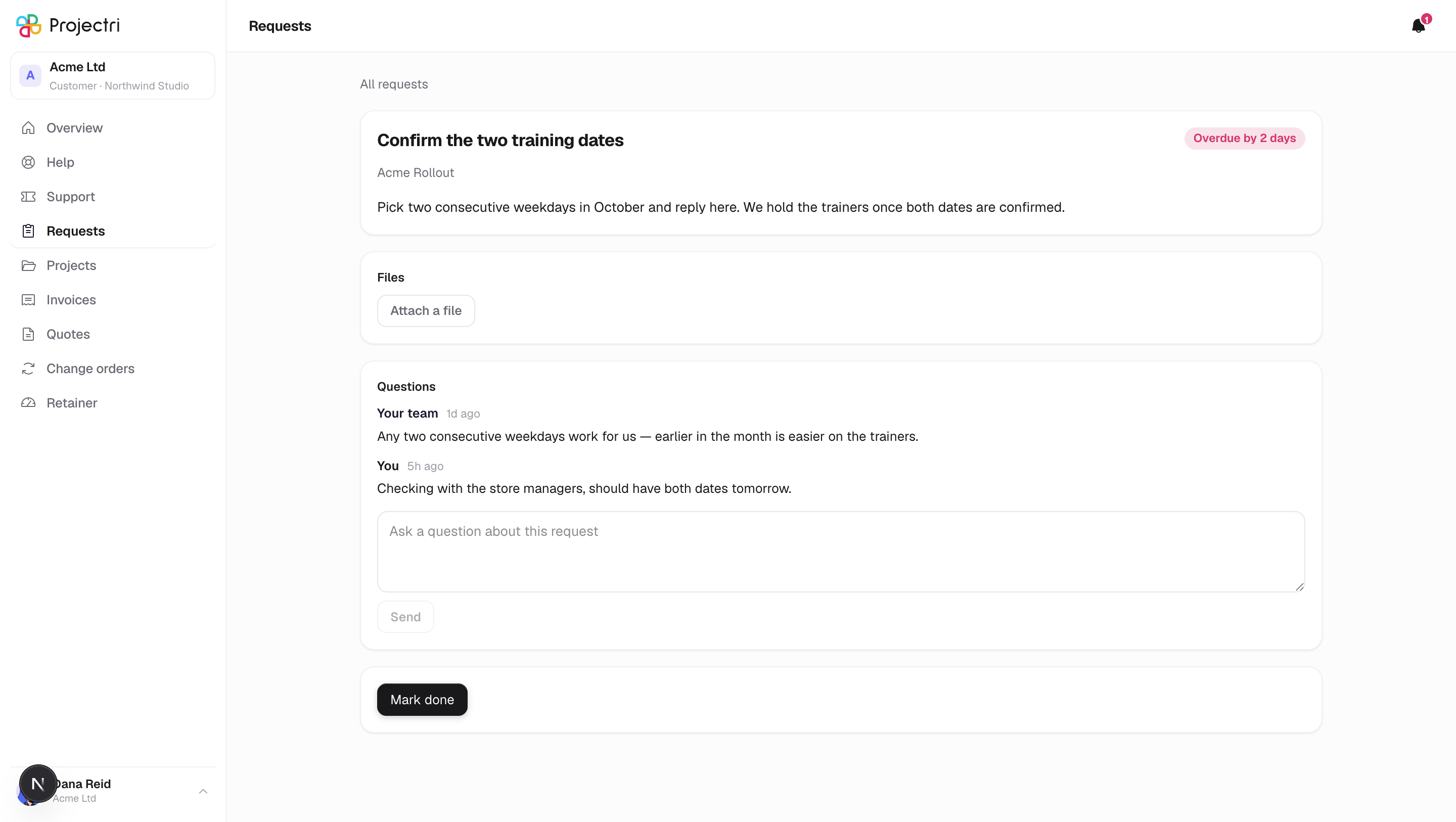 A screenshot of A request in Projectri