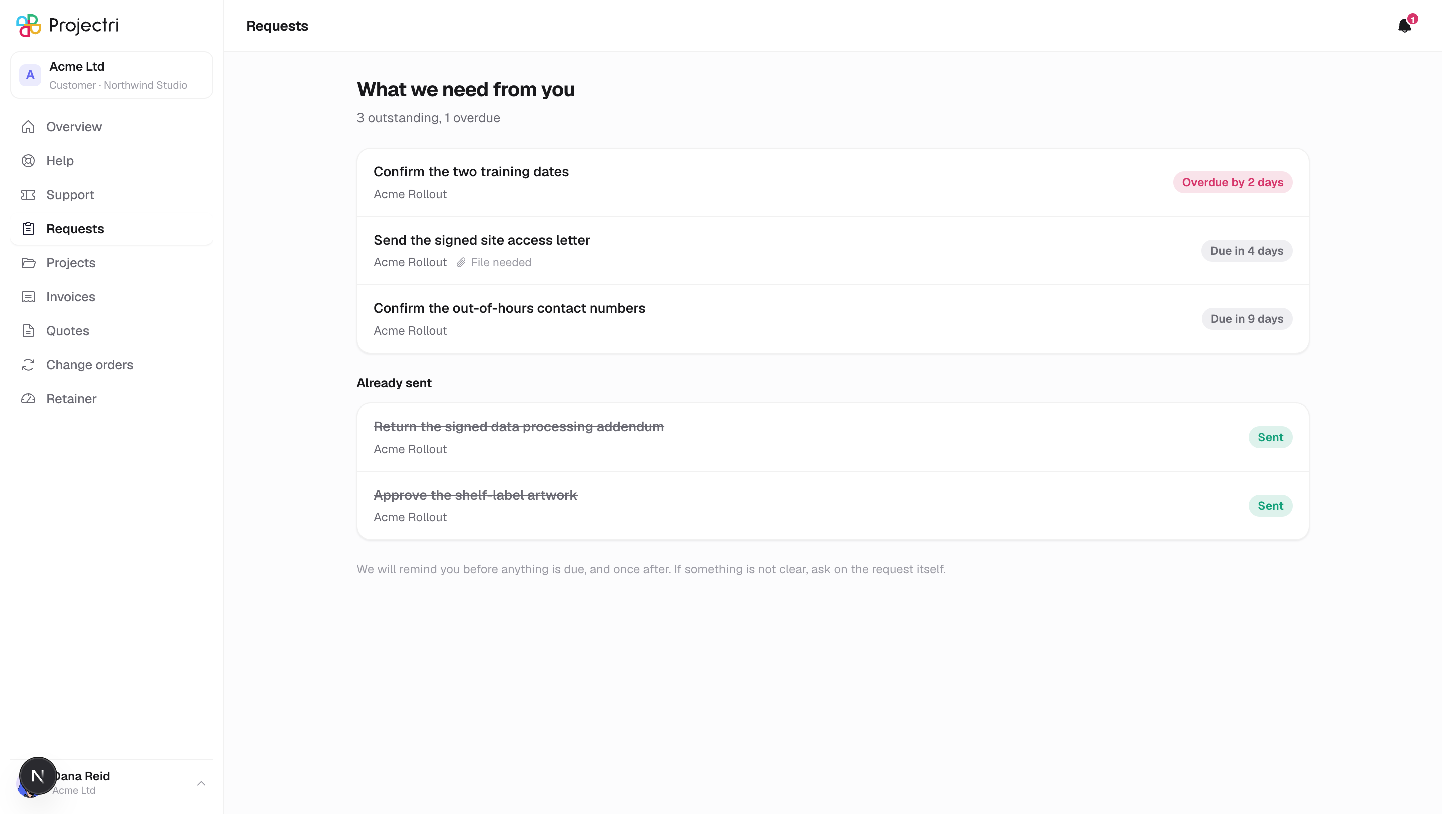 A screenshot of Requests in Projectri