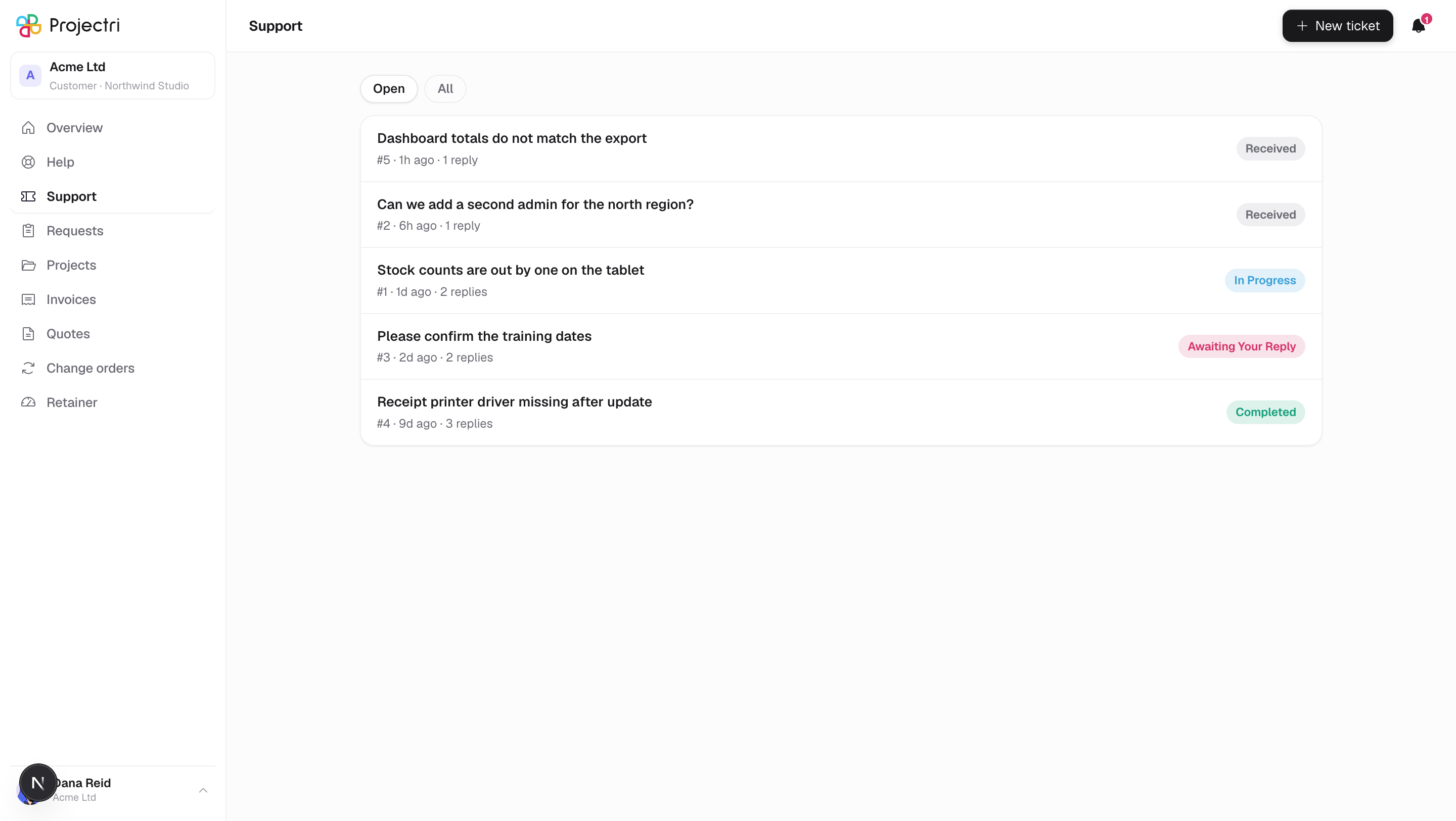 A screenshot of Support tickets in Projectri