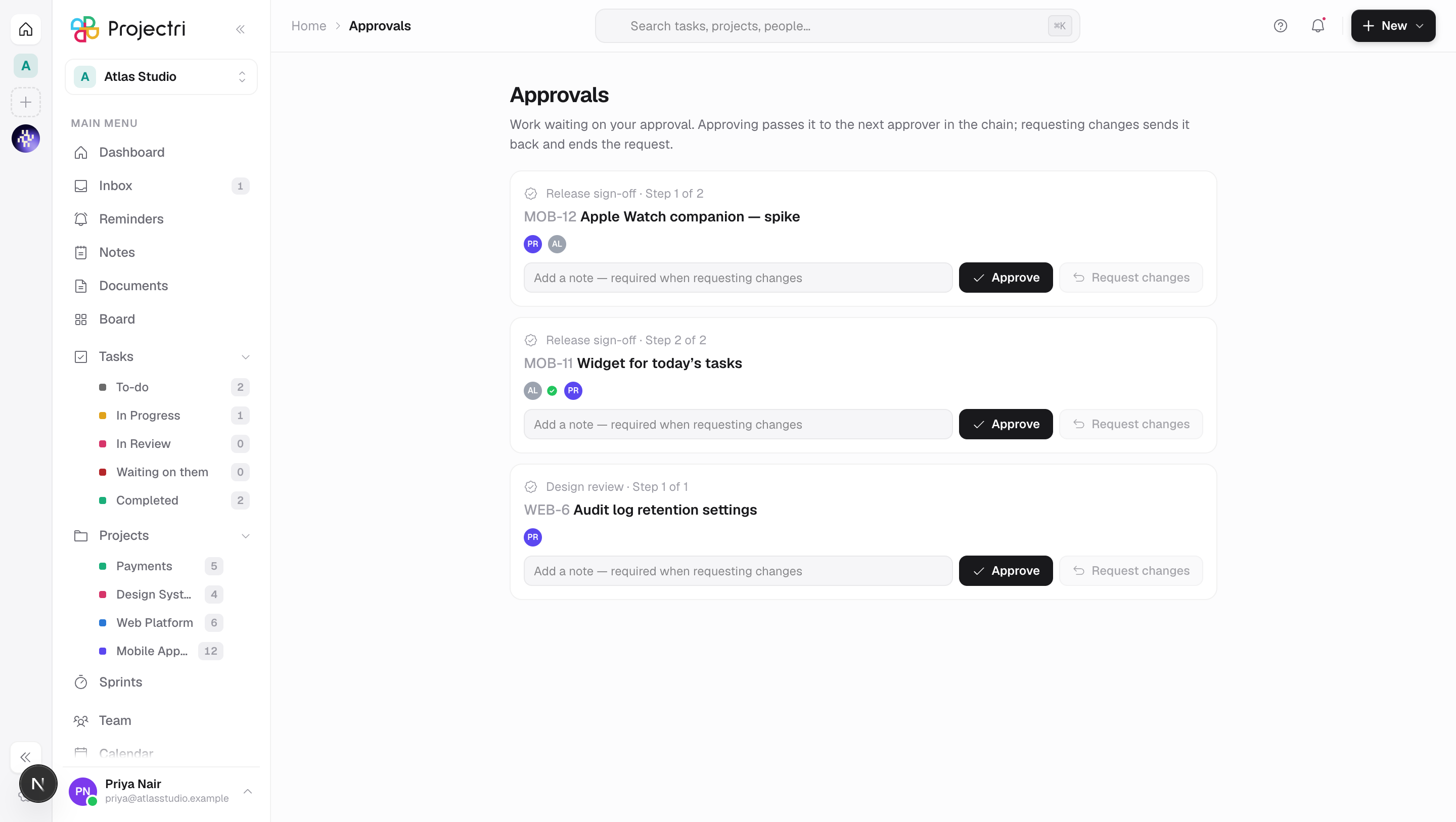 A screenshot of Approvals in Projectri