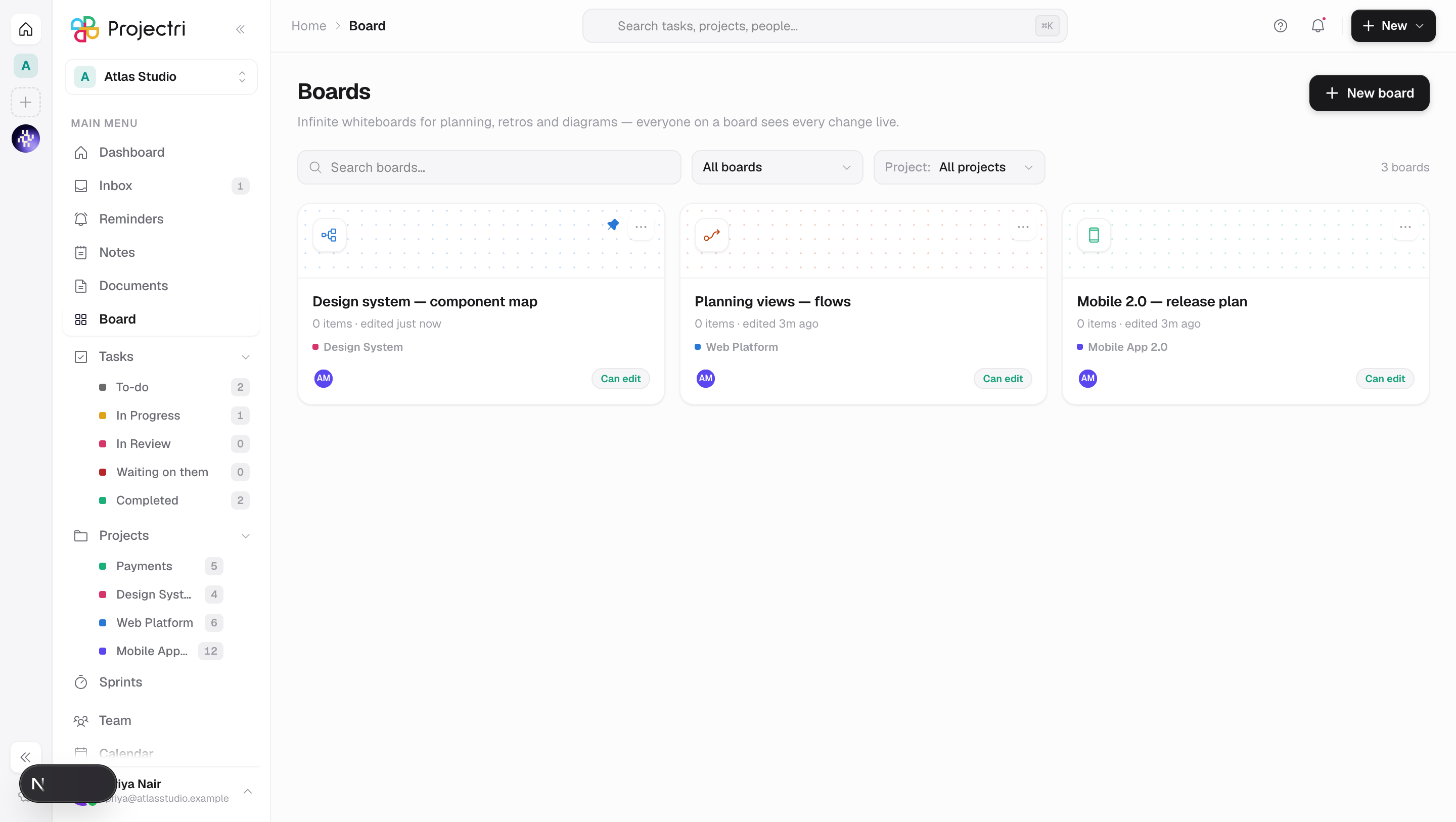 A screenshot of Boards in Projectri