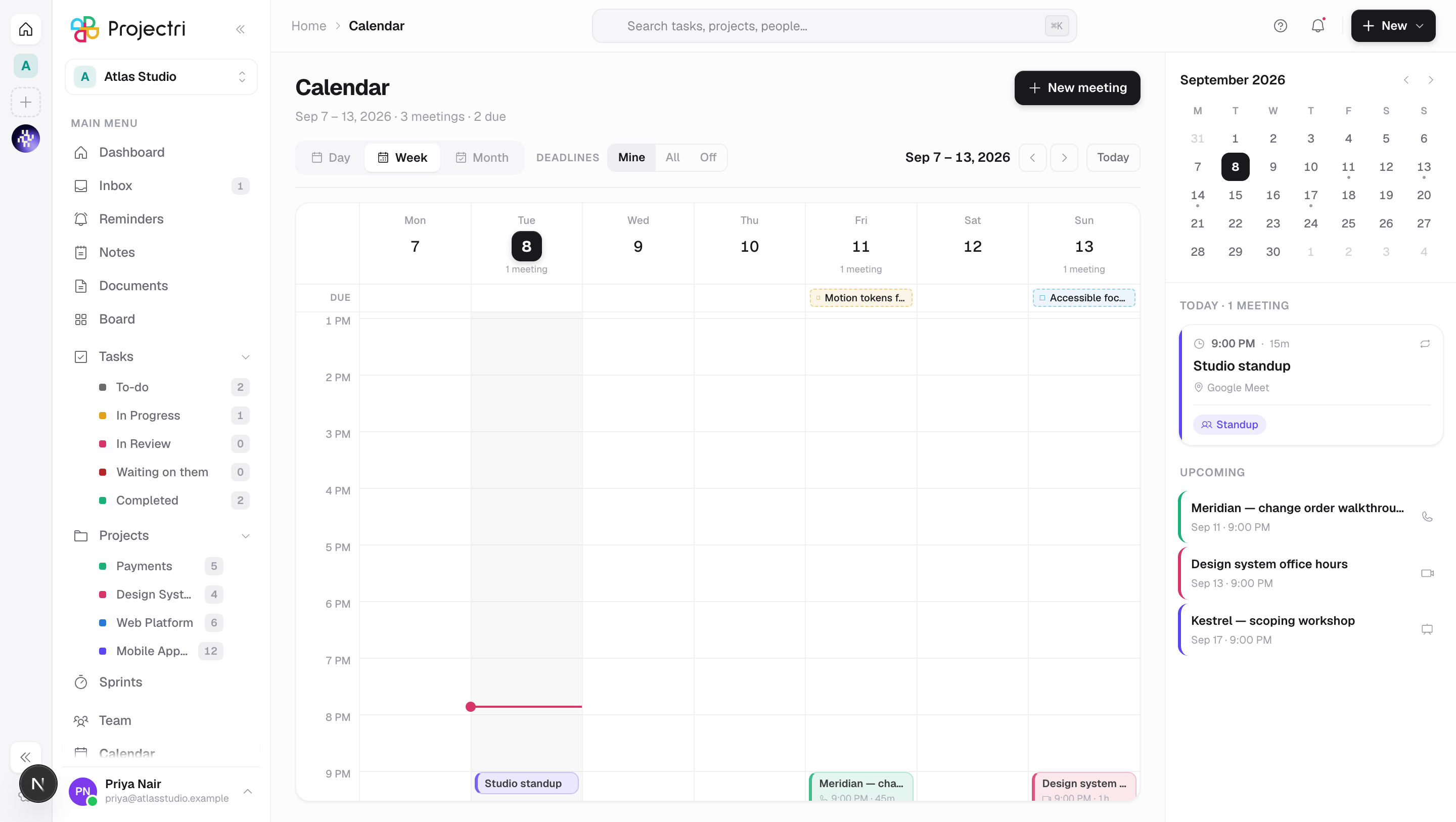 A screenshot of Calendar in Projectri