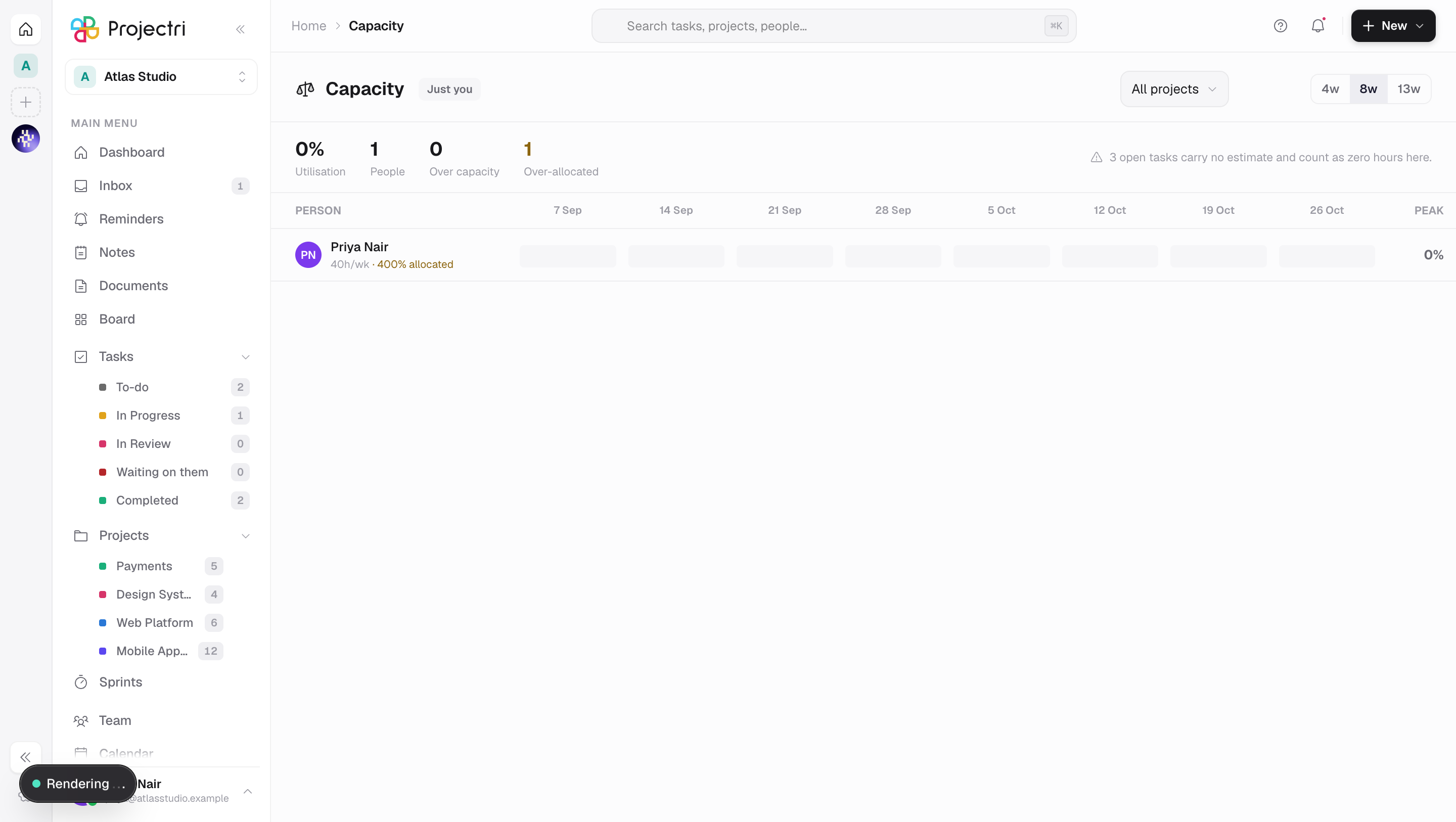 A screenshot of Capacity in Projectri