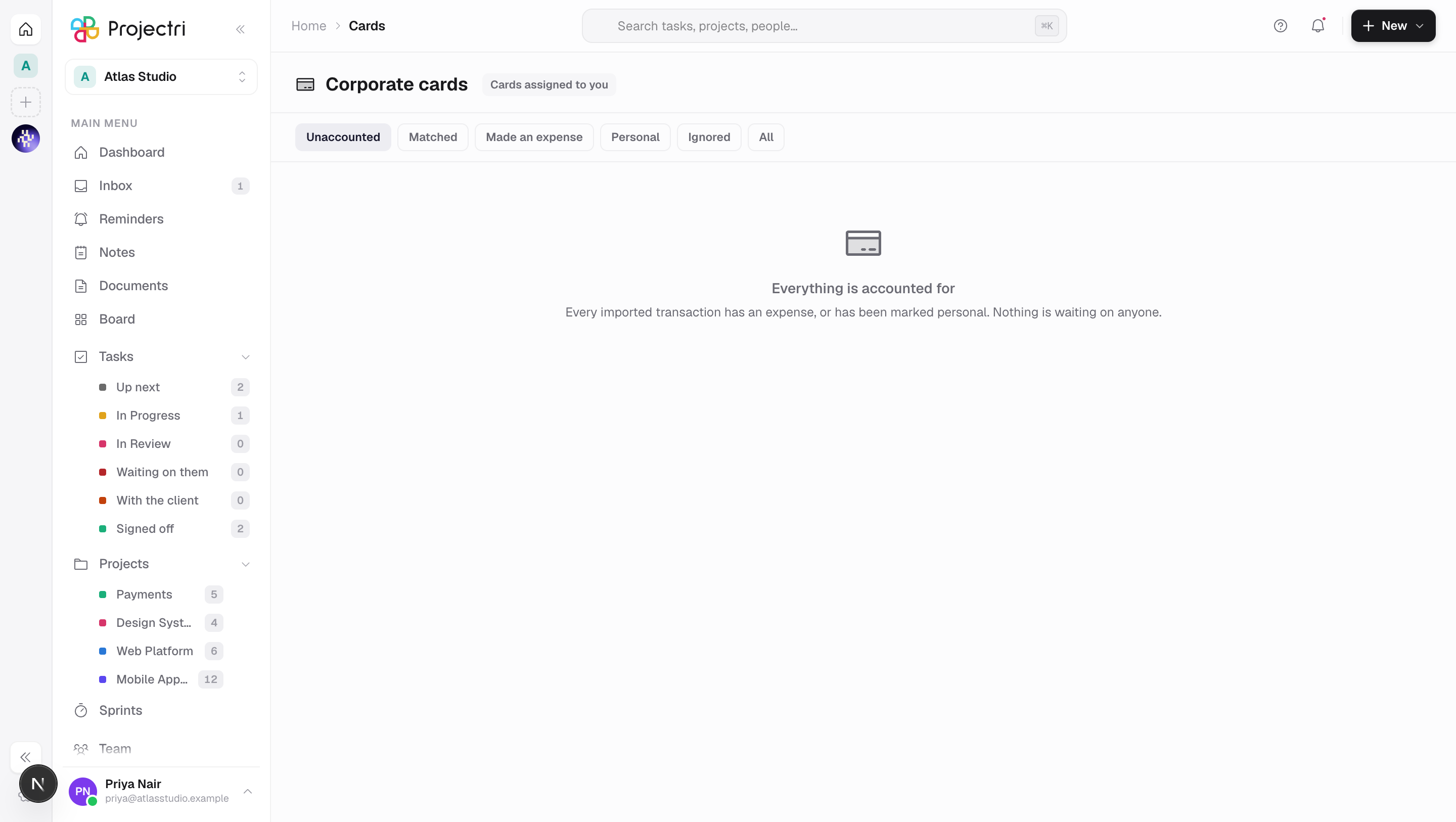 A screenshot of Corporate cards in Projectri