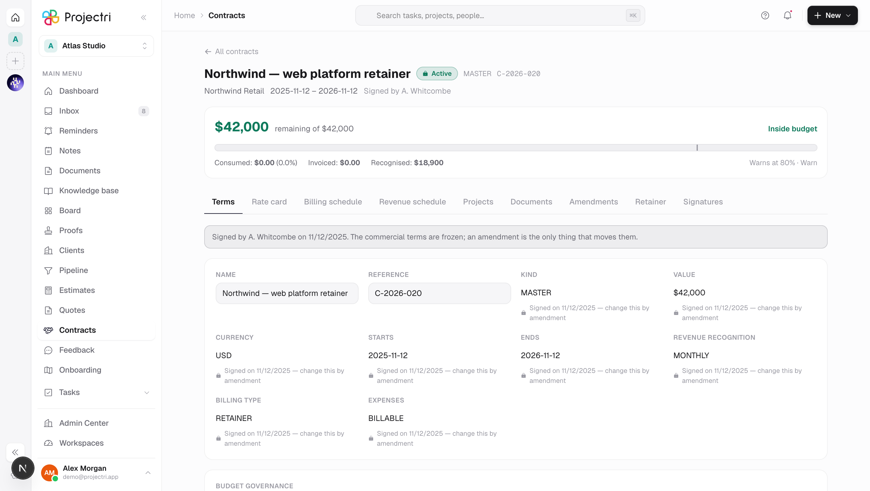A screenshot of One contract in Projectri