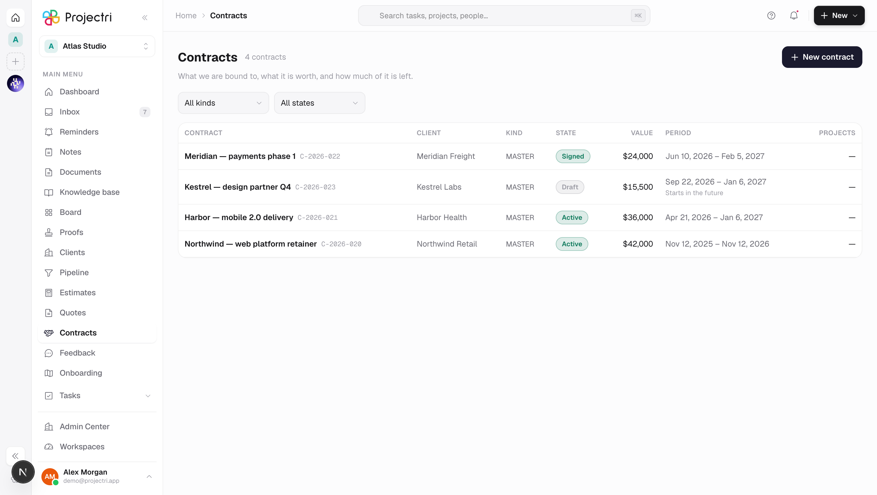 A screenshot of Contracts in Projectri