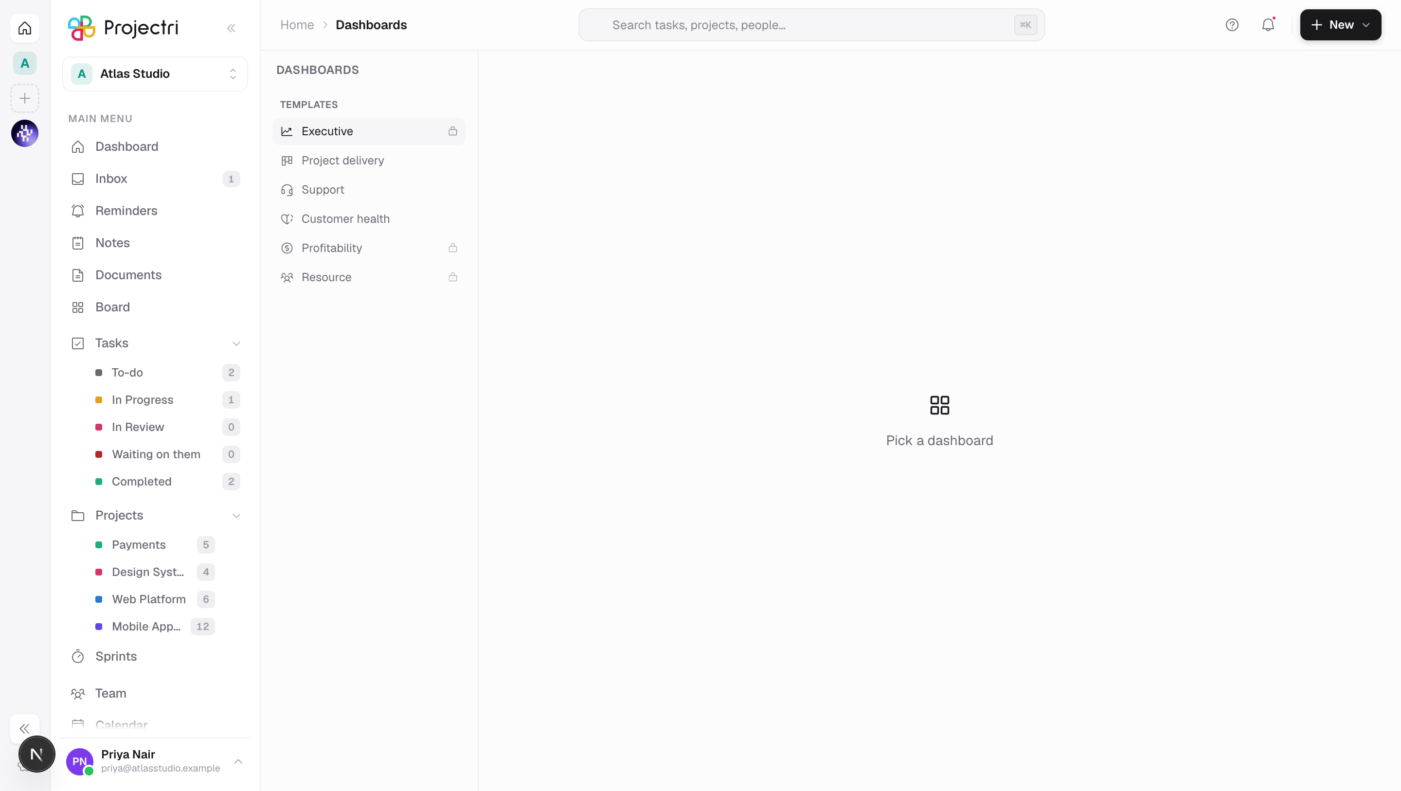 A screenshot of Dashboards in Projectri