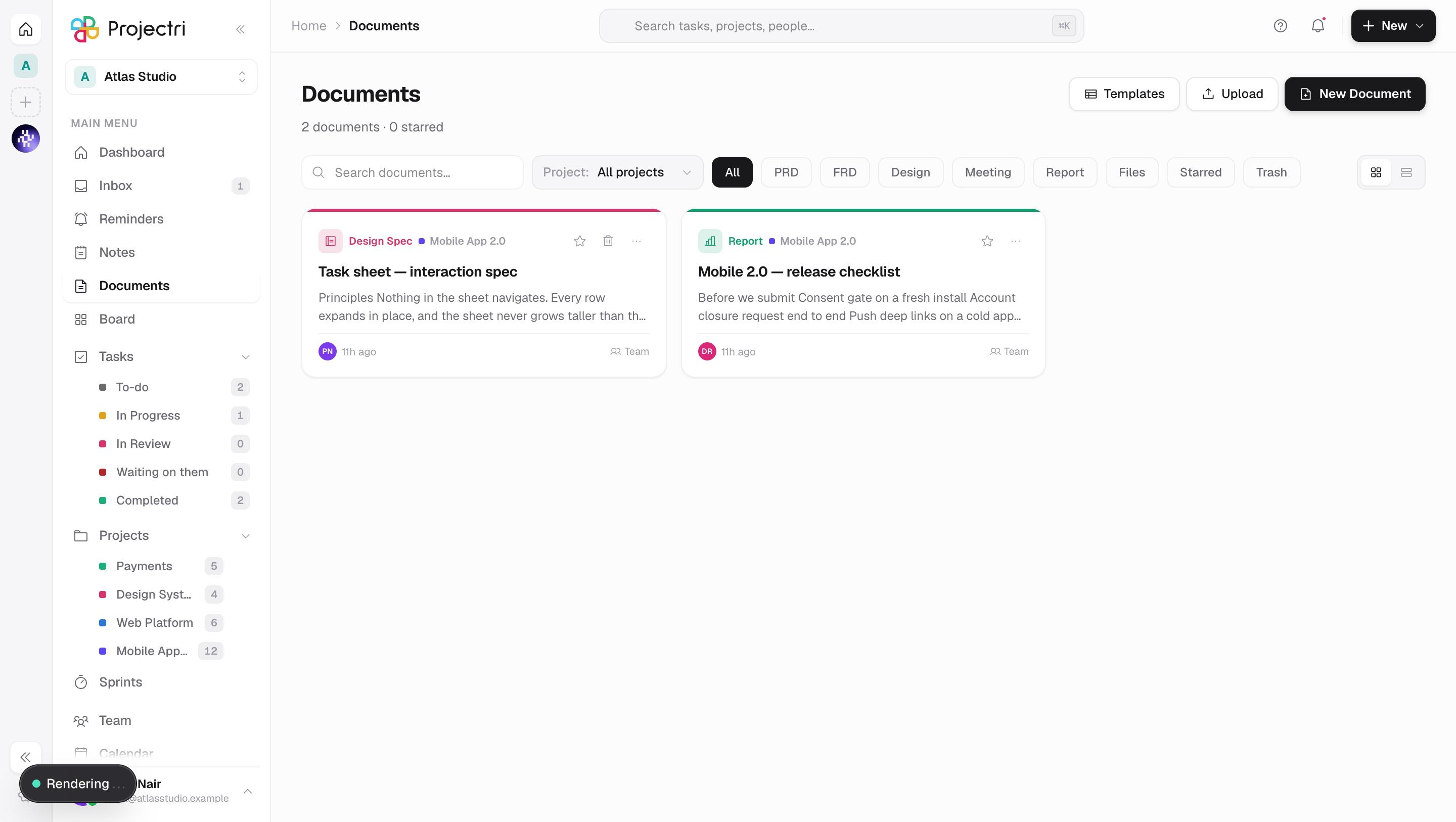 A screenshot of Documents in Projectri