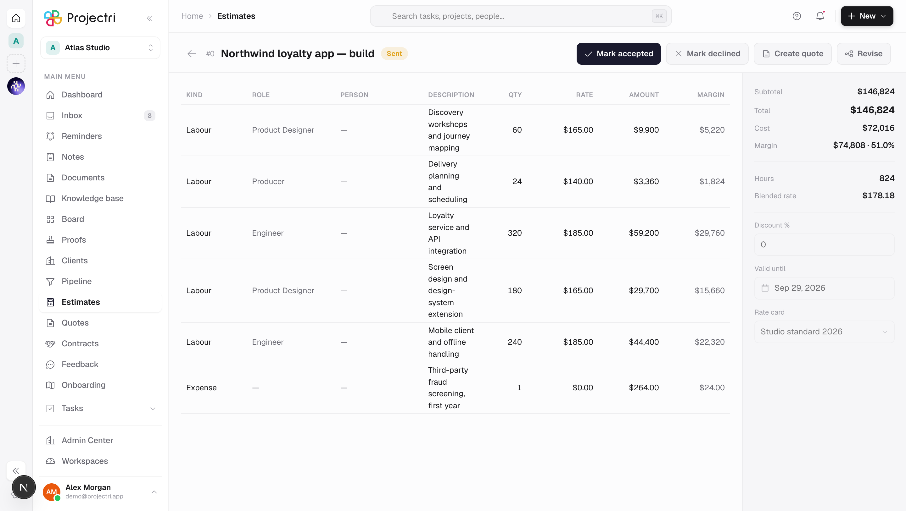 A screenshot of The estimate builder in Projectri