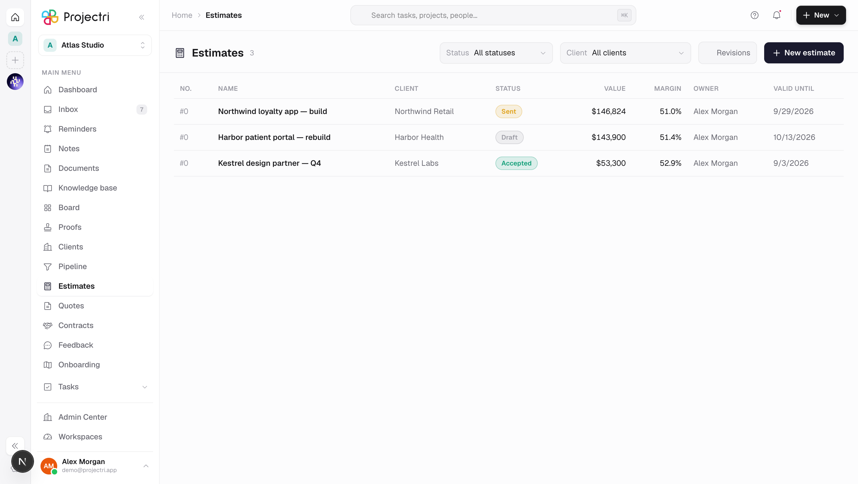 A screenshot of Estimates in Projectri