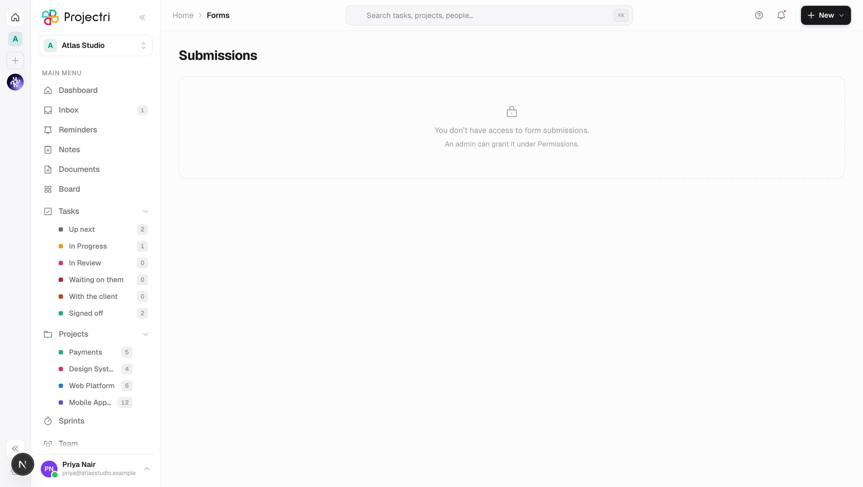 A screenshot of Form submissions in Projectri
