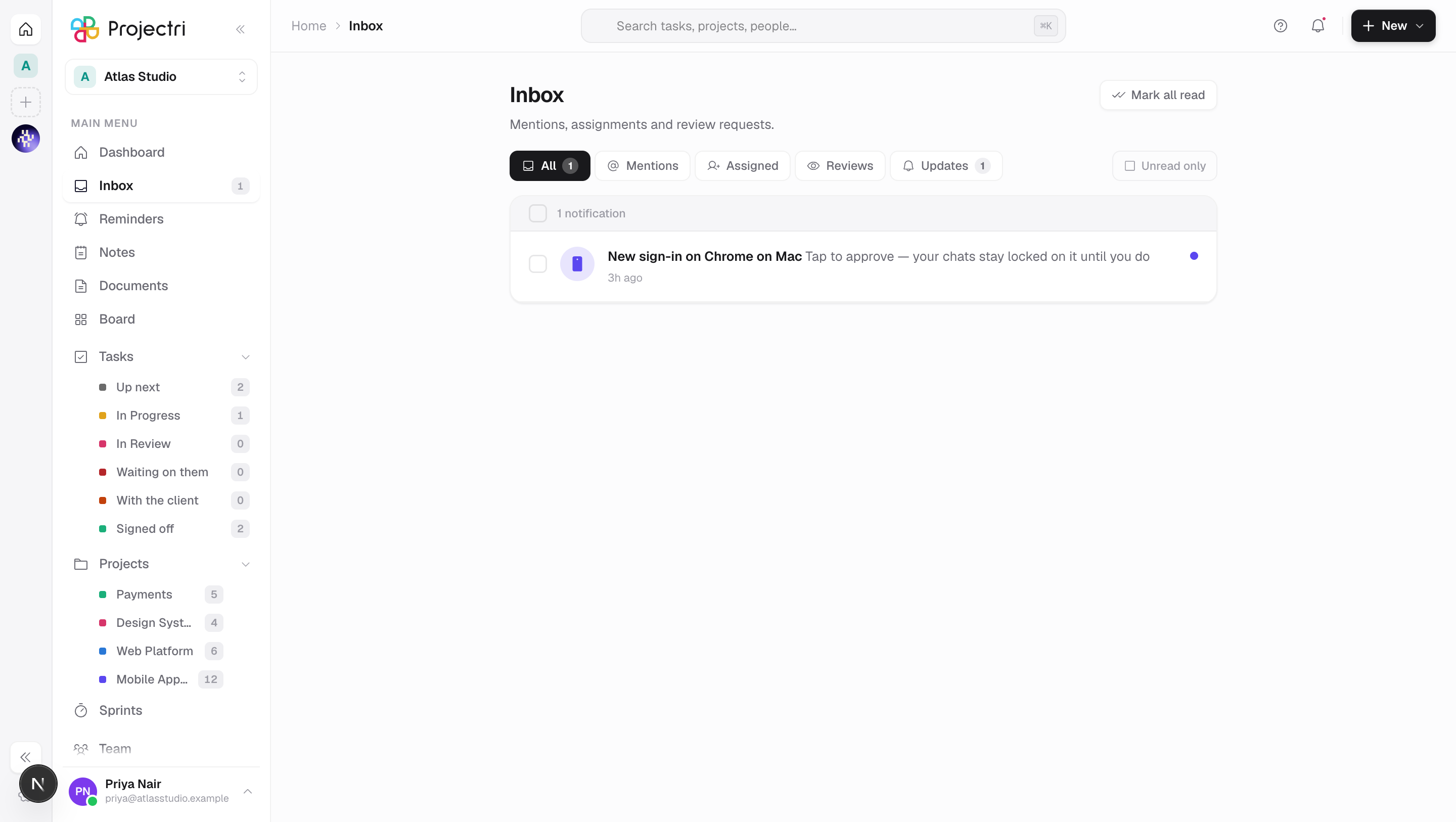 A screenshot of Notifications in Projectri