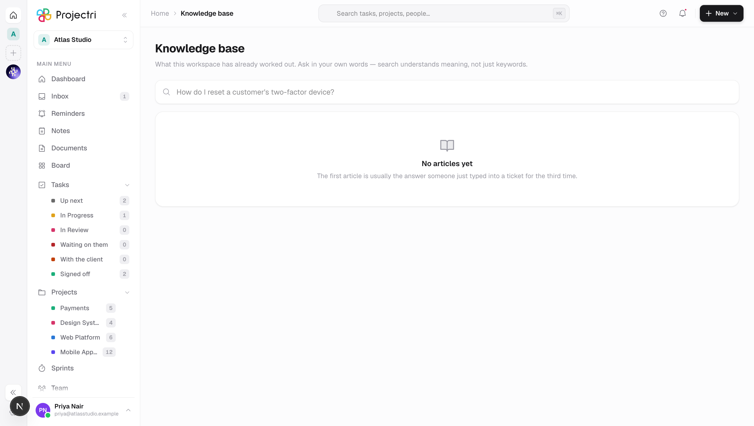 A screenshot of Knowledge base in Projectri