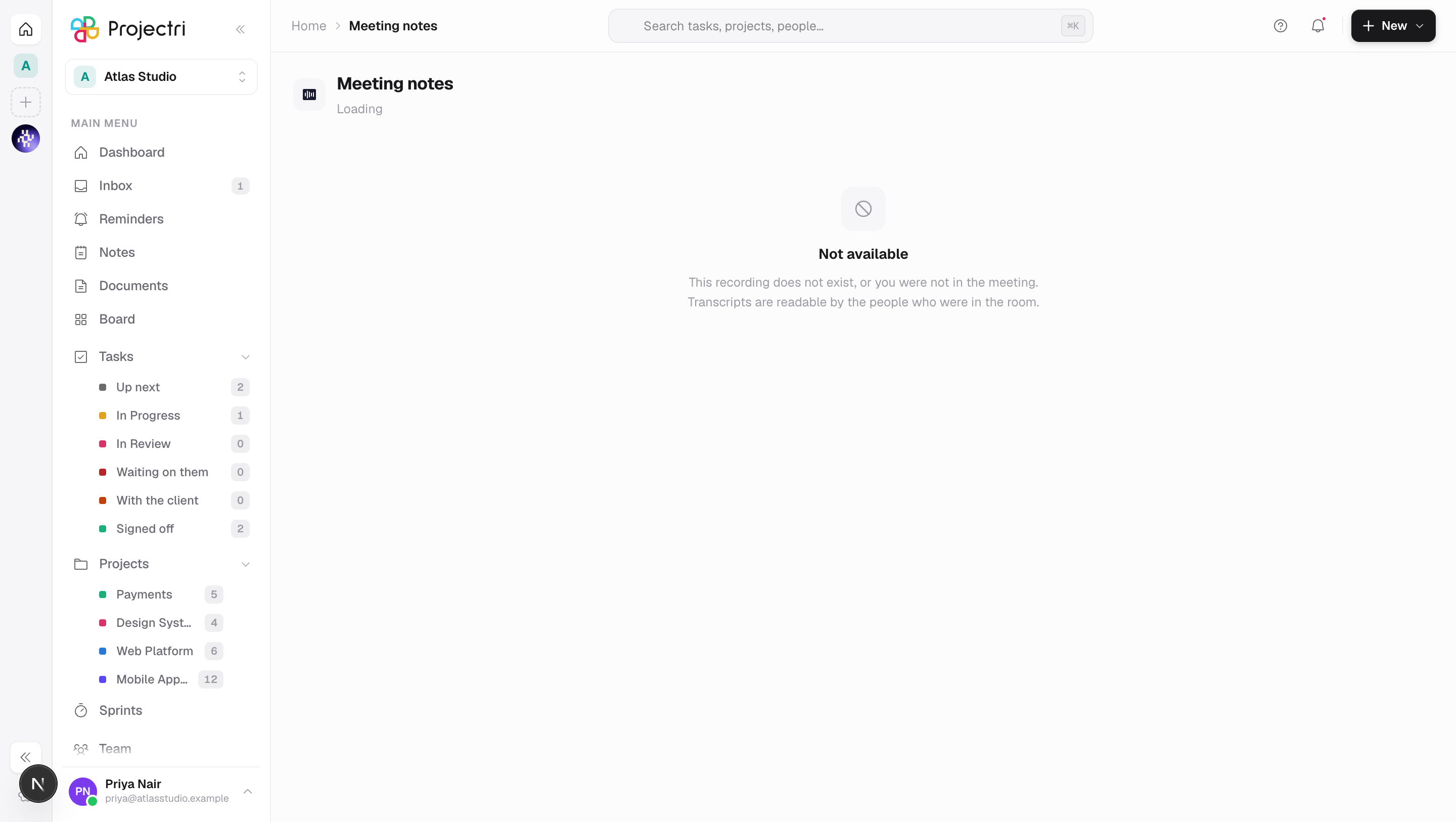 A screenshot of Meeting notes in Projectri