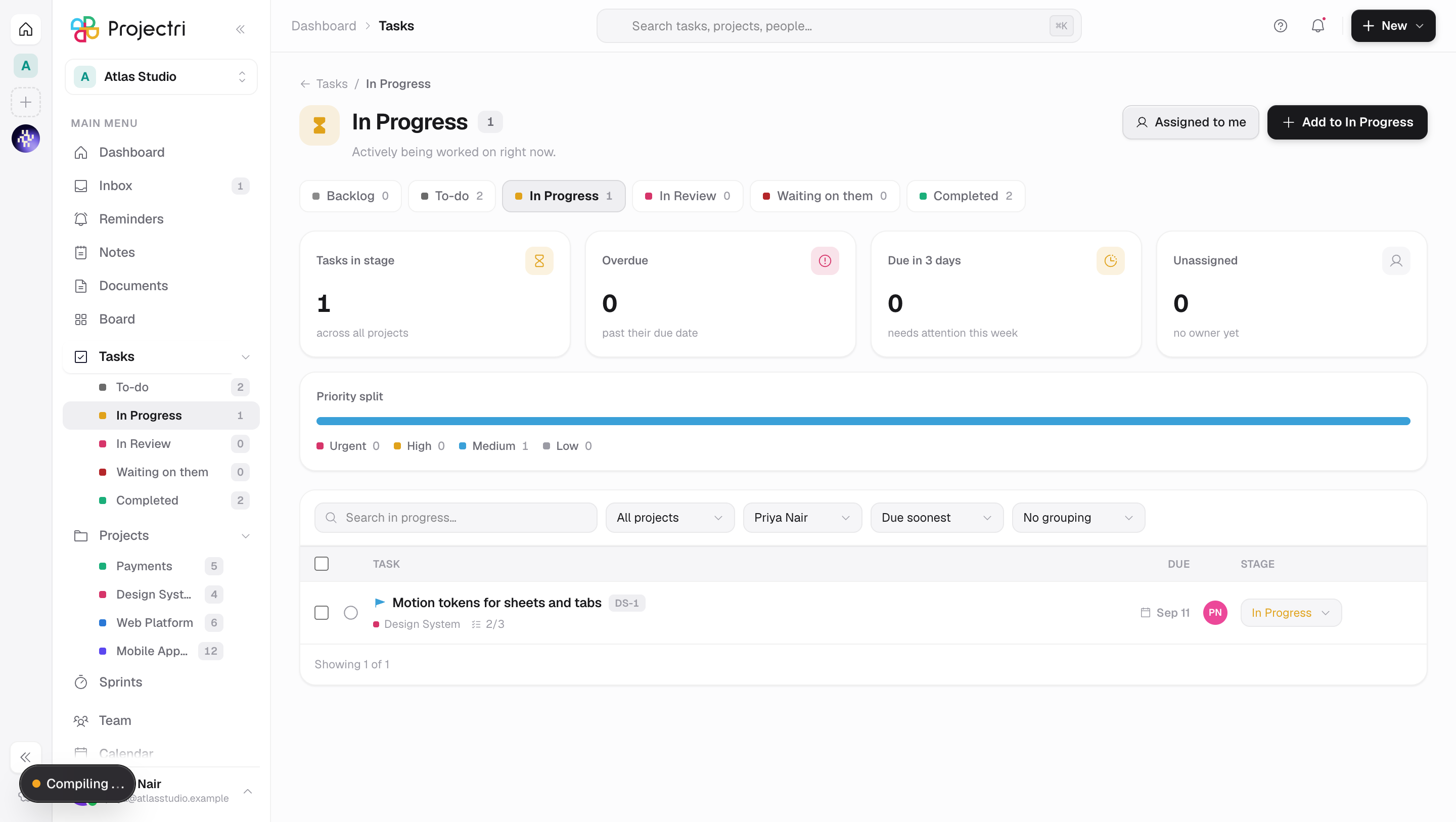 A screenshot of One task stage in Projectri