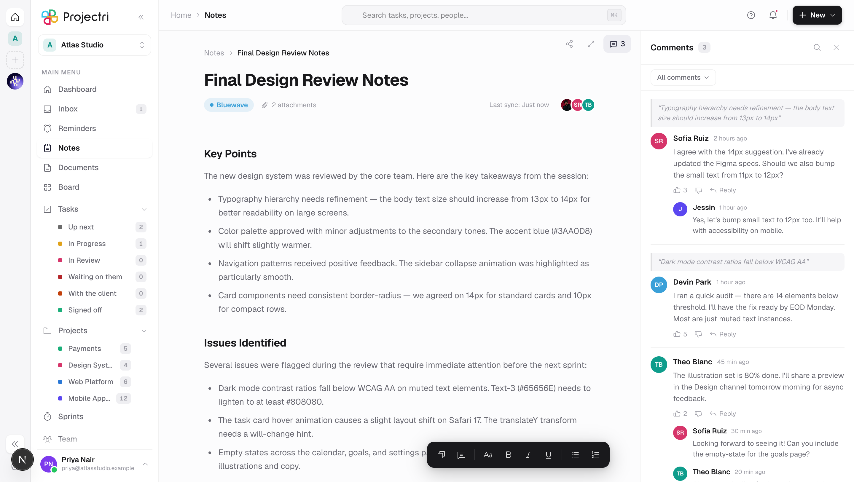 A screenshot of The note reading layout in Projectri