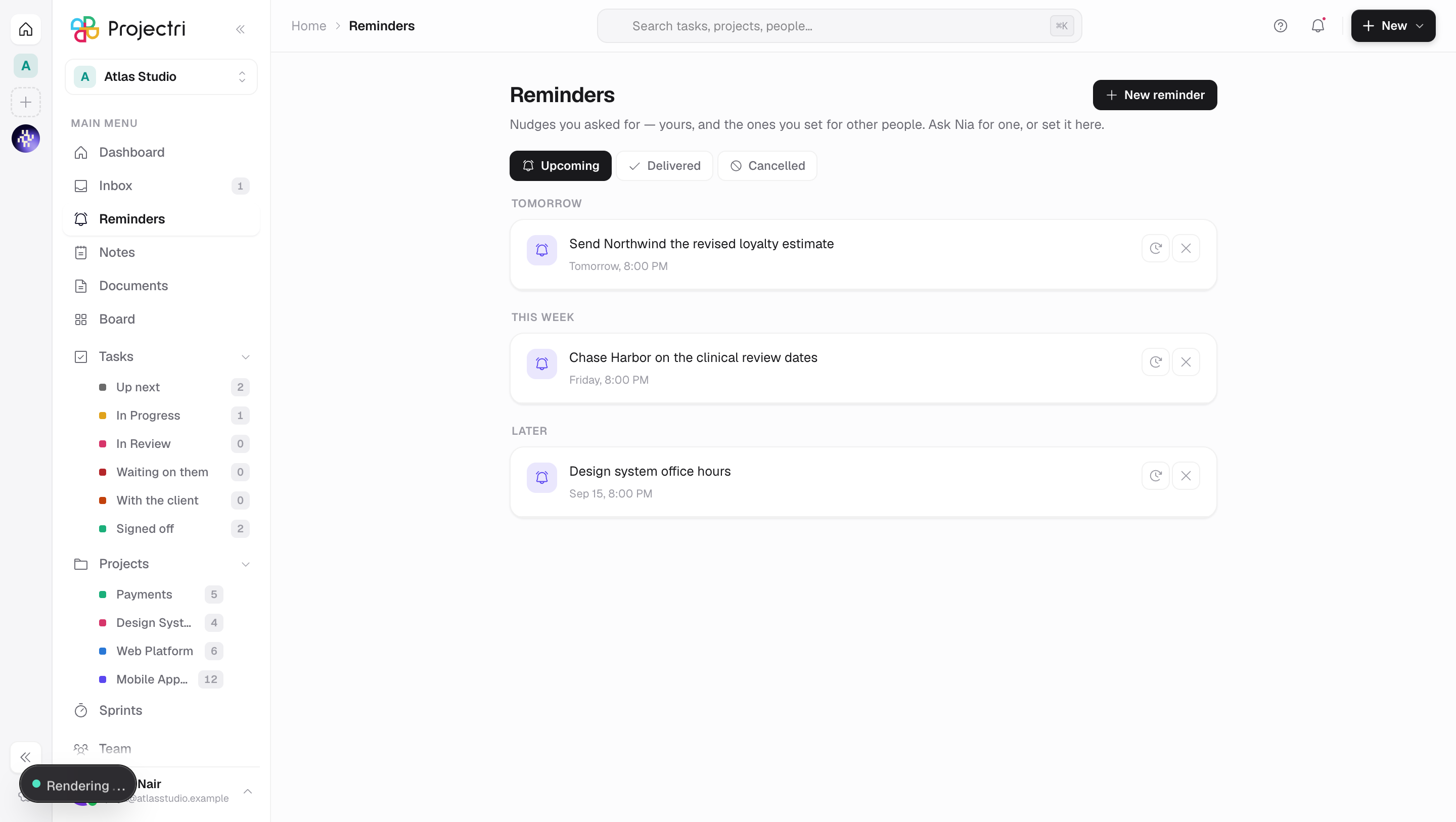 A screenshot of Reminders in Projectri