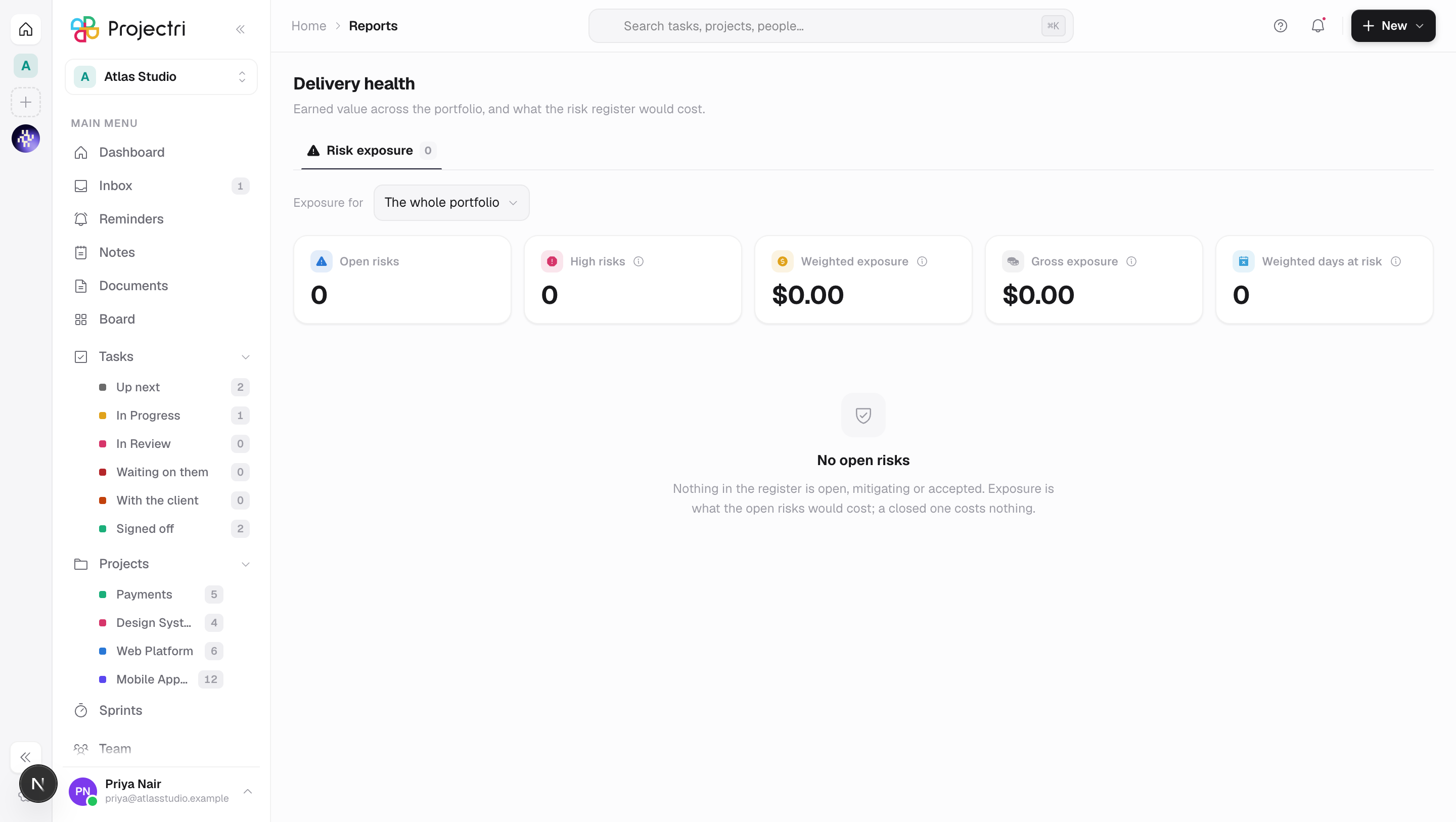 A screenshot of Delivery health in Projectri