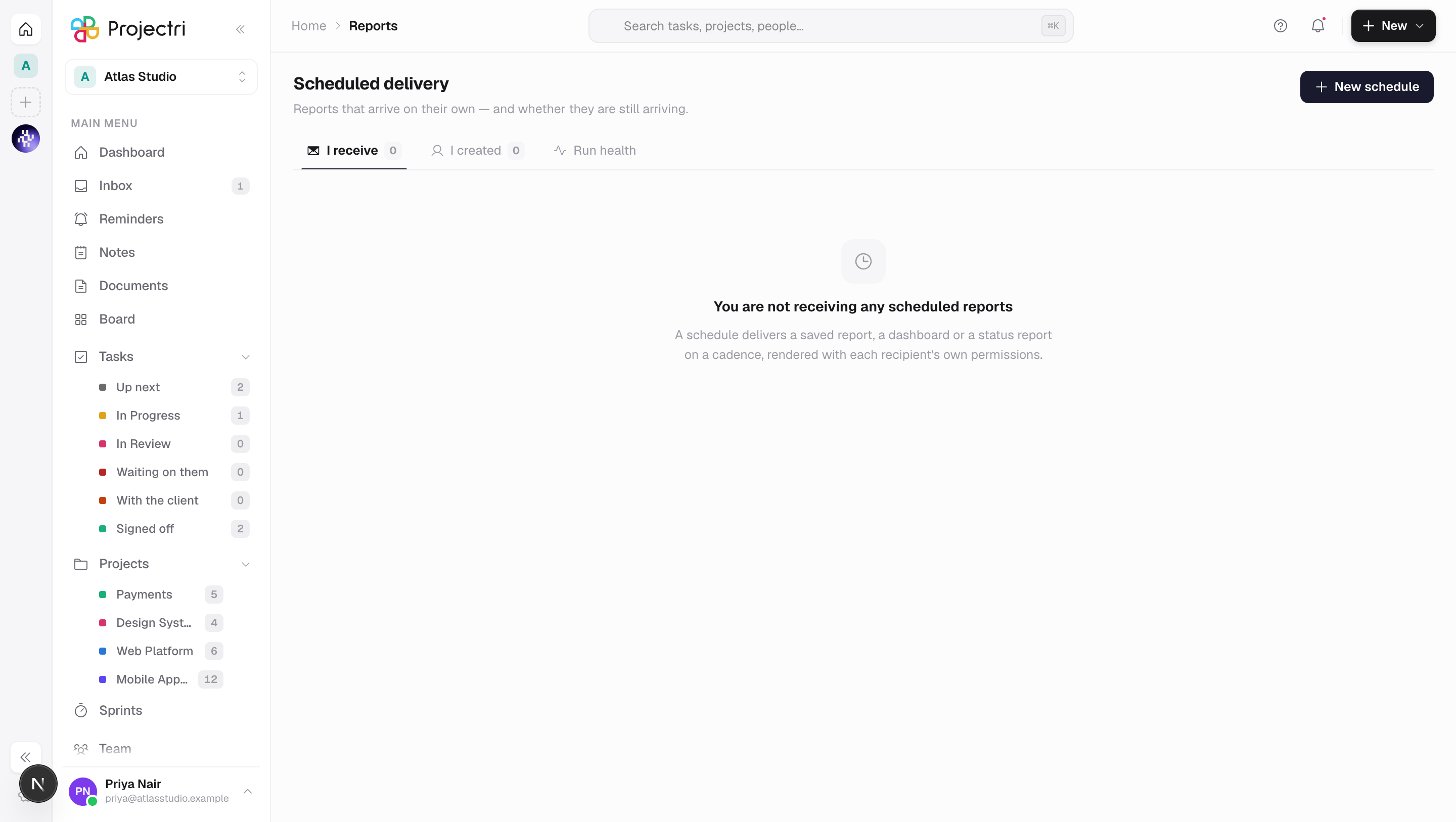 A screenshot of Scheduled delivery in Projectri