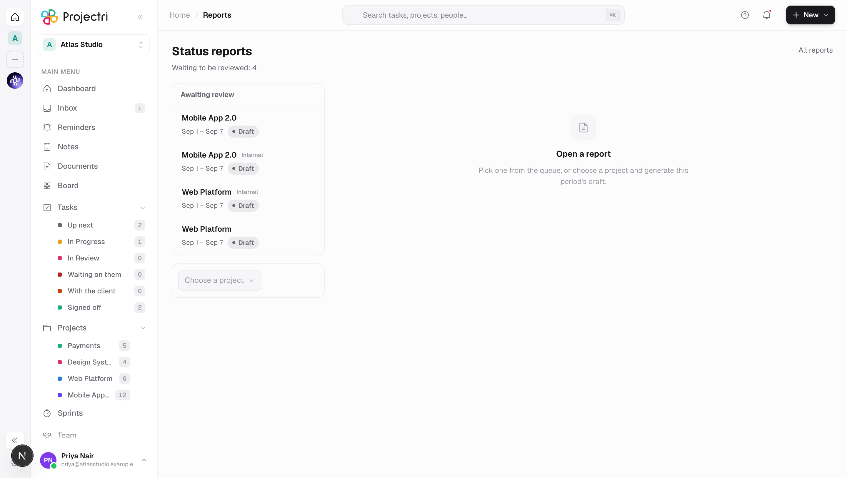 A screenshot of Status reports in Projectri