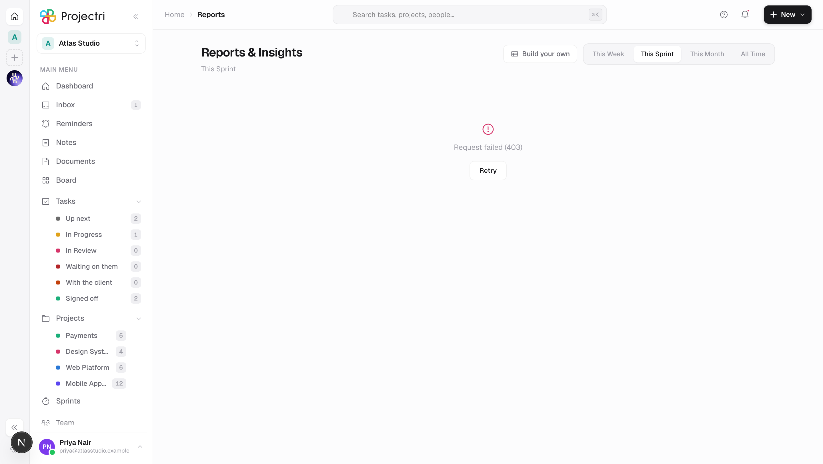 A screenshot of Reports in Projectri
