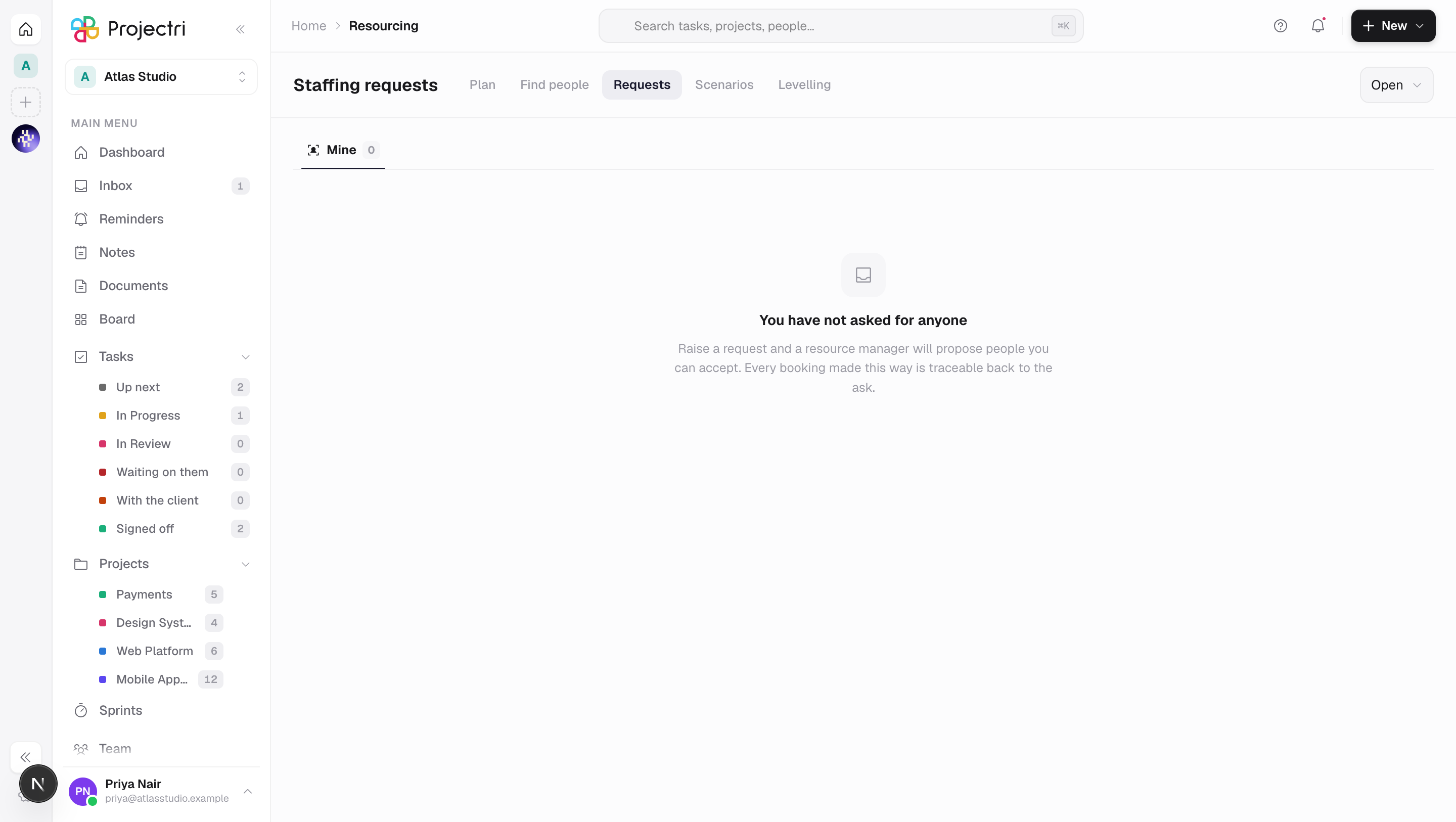 A screenshot of Staffing requests in Projectri