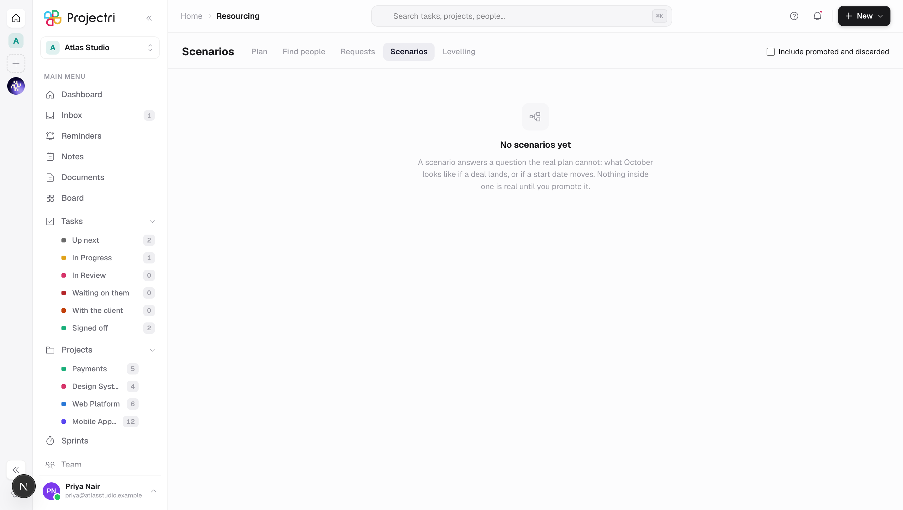 A screenshot of Scenarios in Projectri