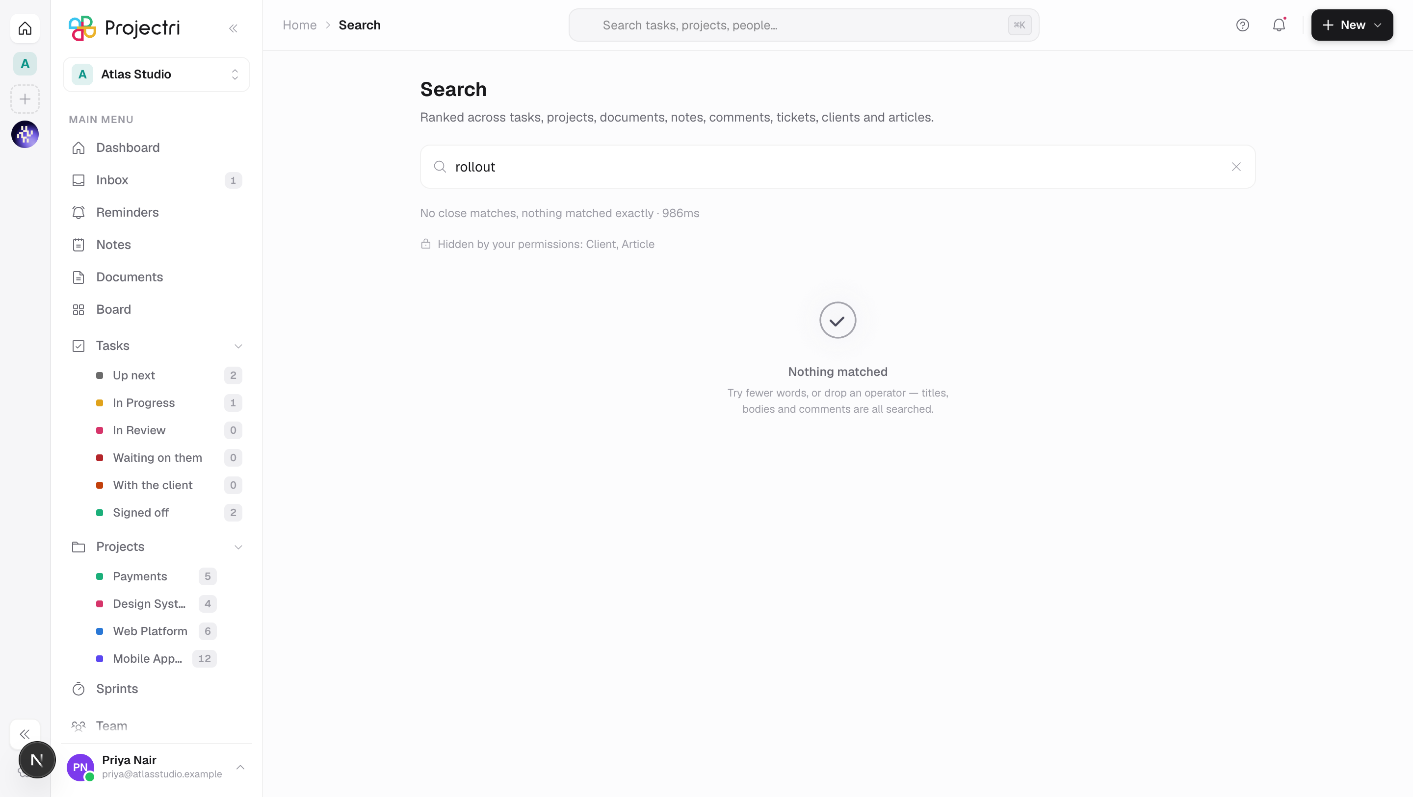 A screenshot of Search in Projectri
