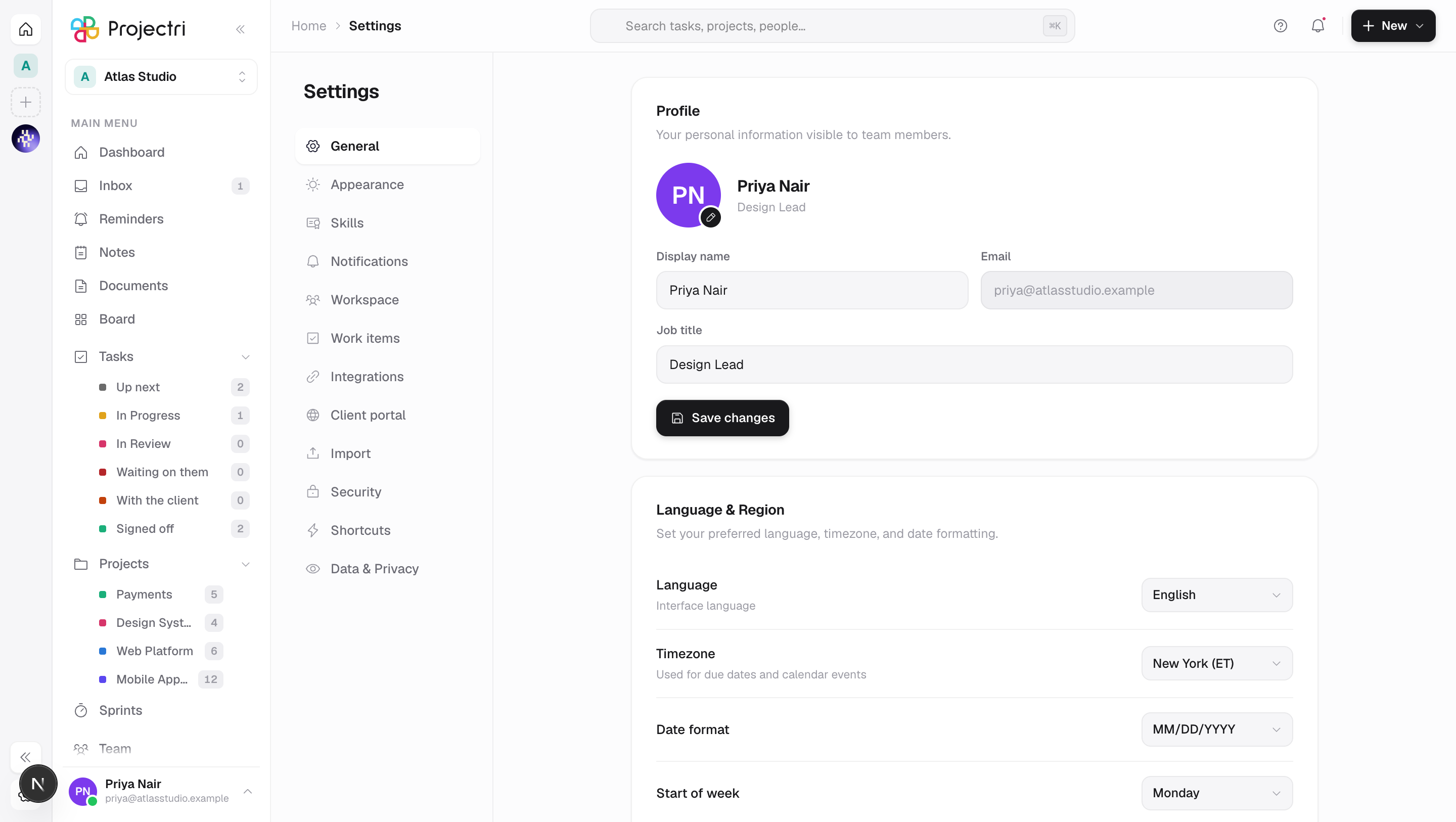 A screenshot of Settings in Projectri
