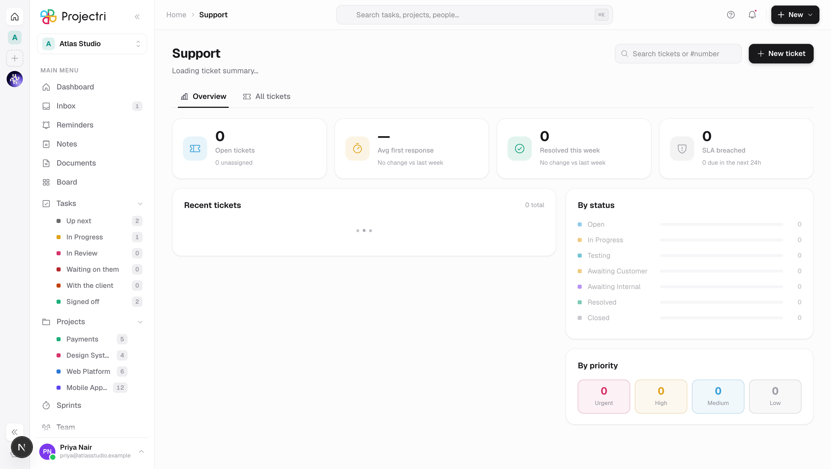 A screenshot of Support in Projectri