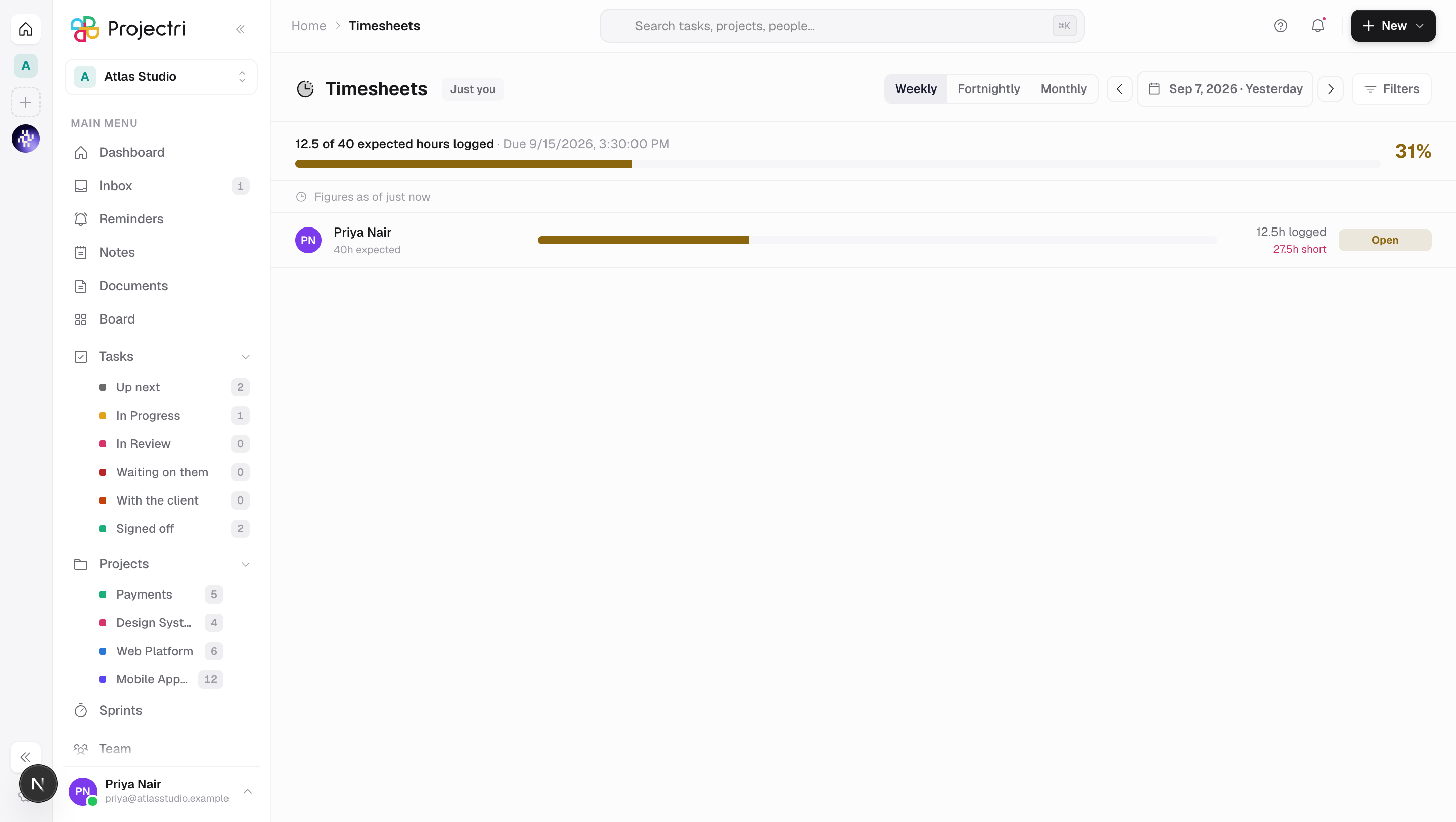 A screenshot of Timesheets in Projectri