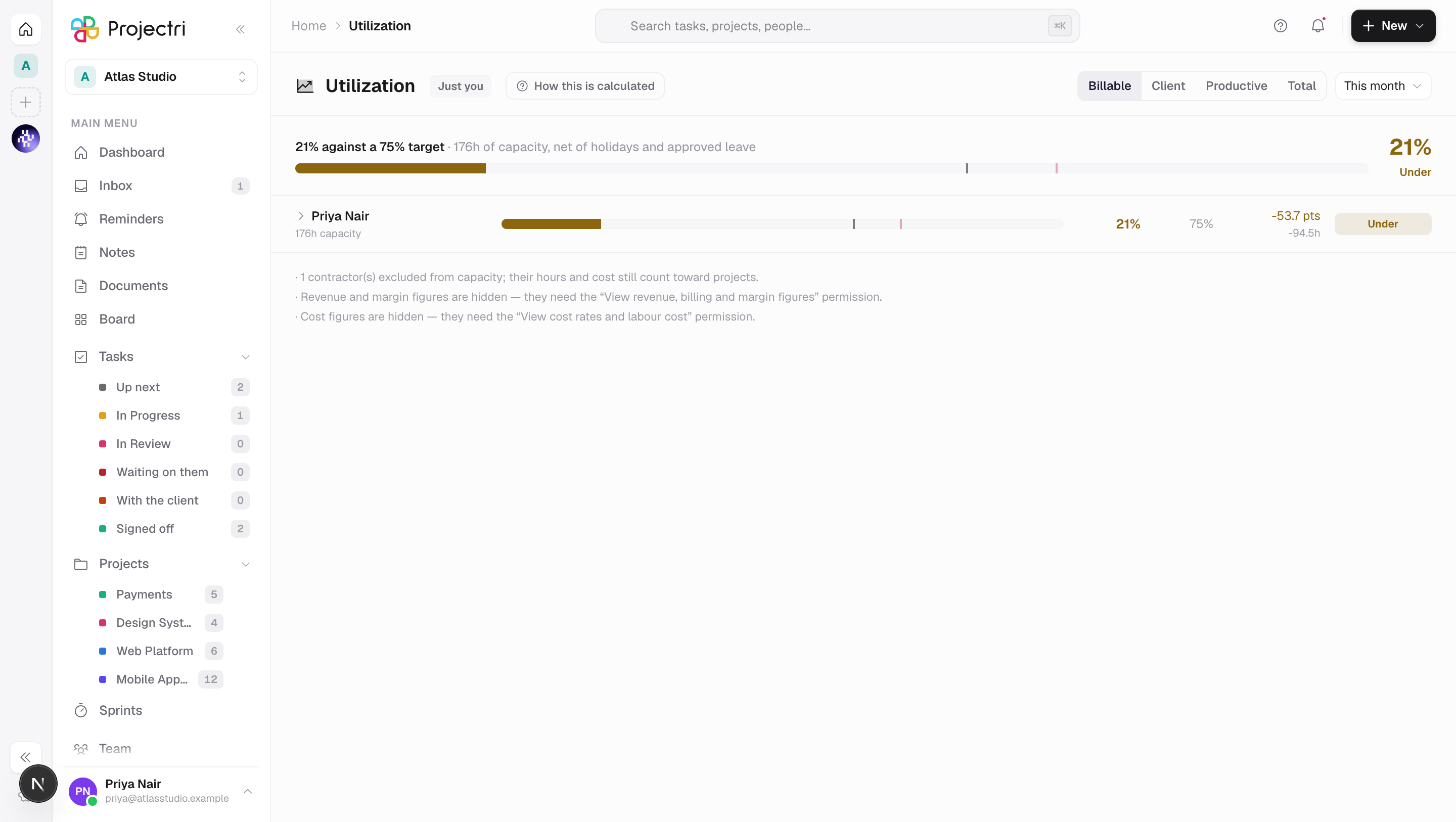 A screenshot of Utilization in Projectri
