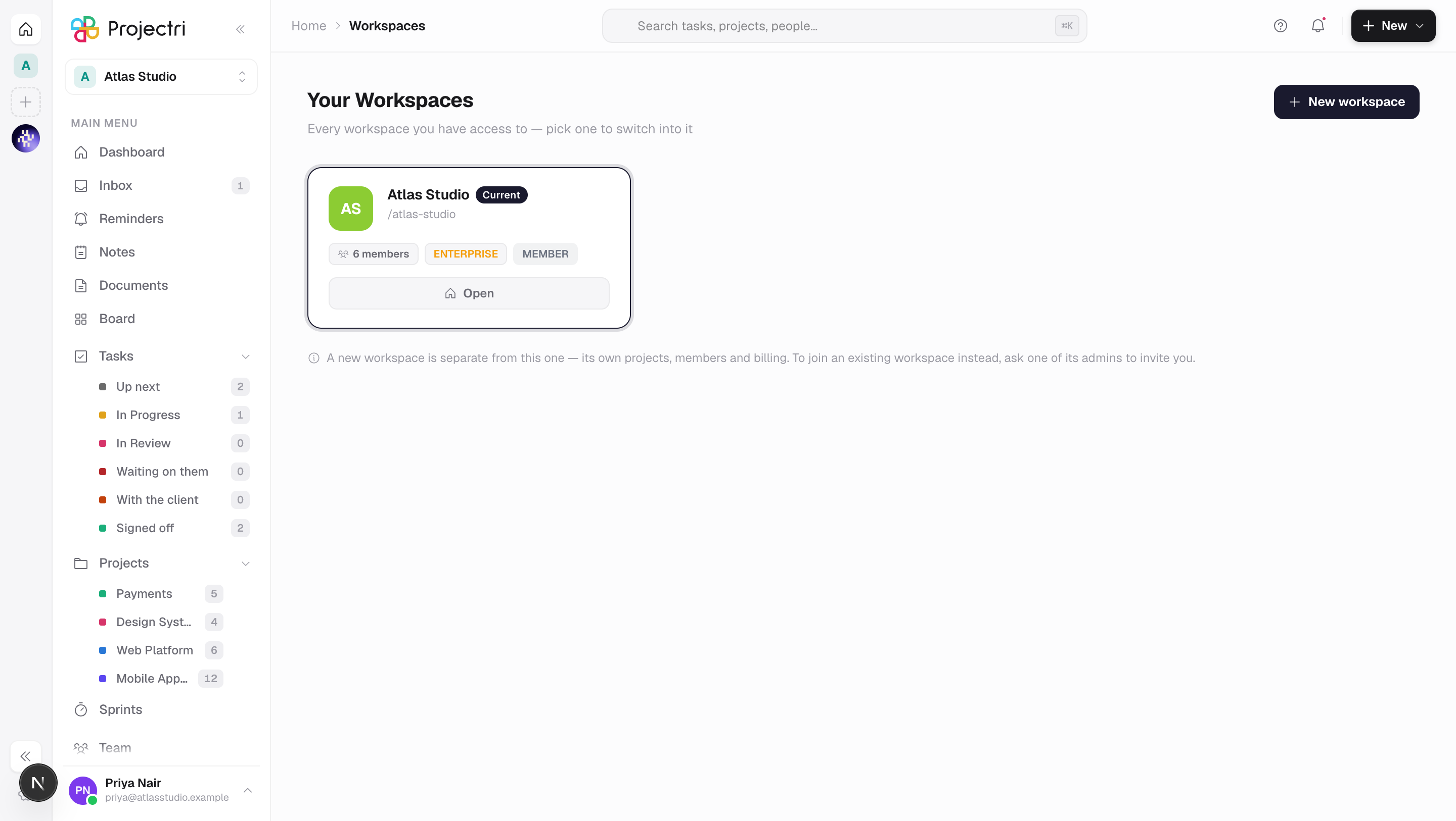 A screenshot of Your workspaces in Projectri